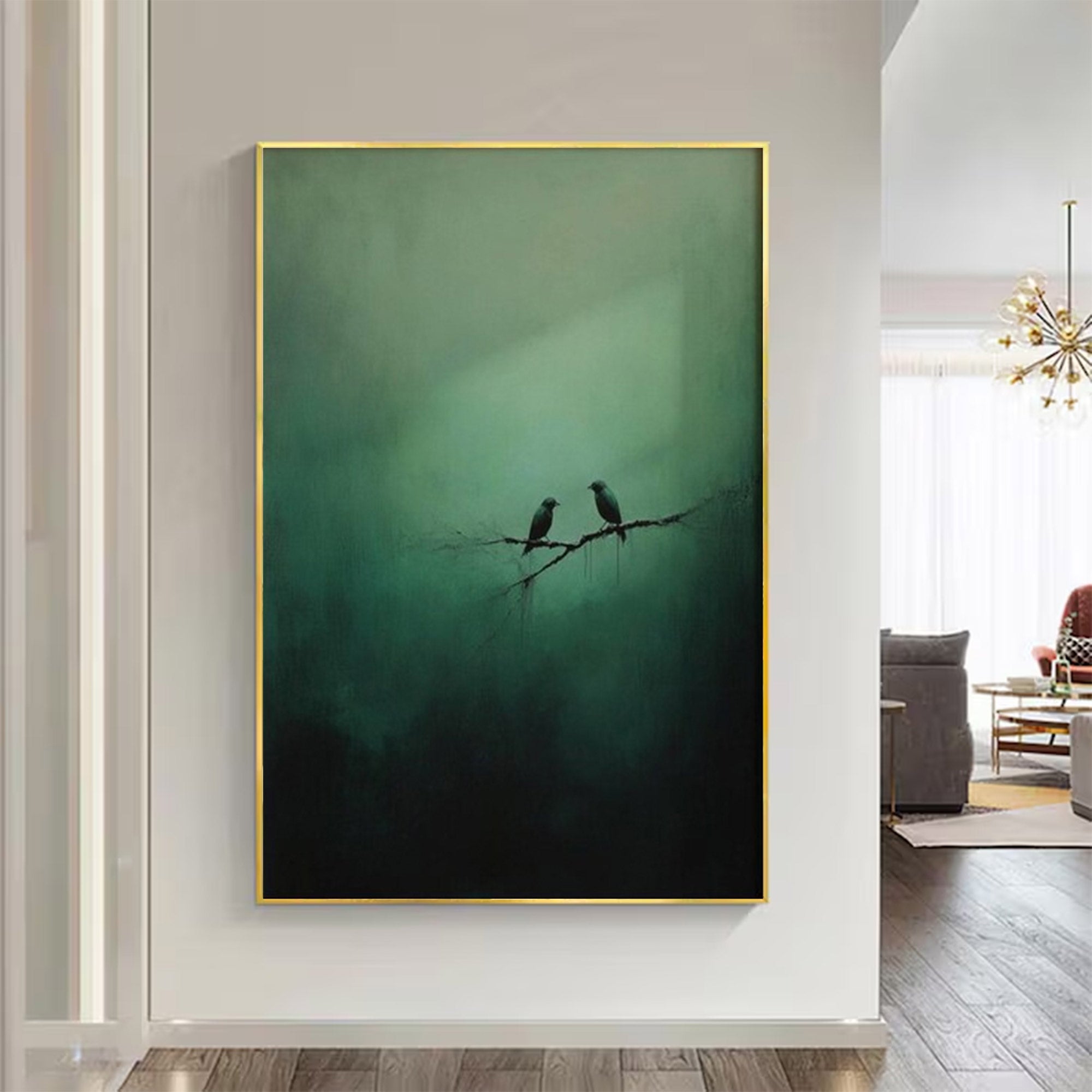 Large Abstract Green Painting Birds | KeiraArt #AG 0101