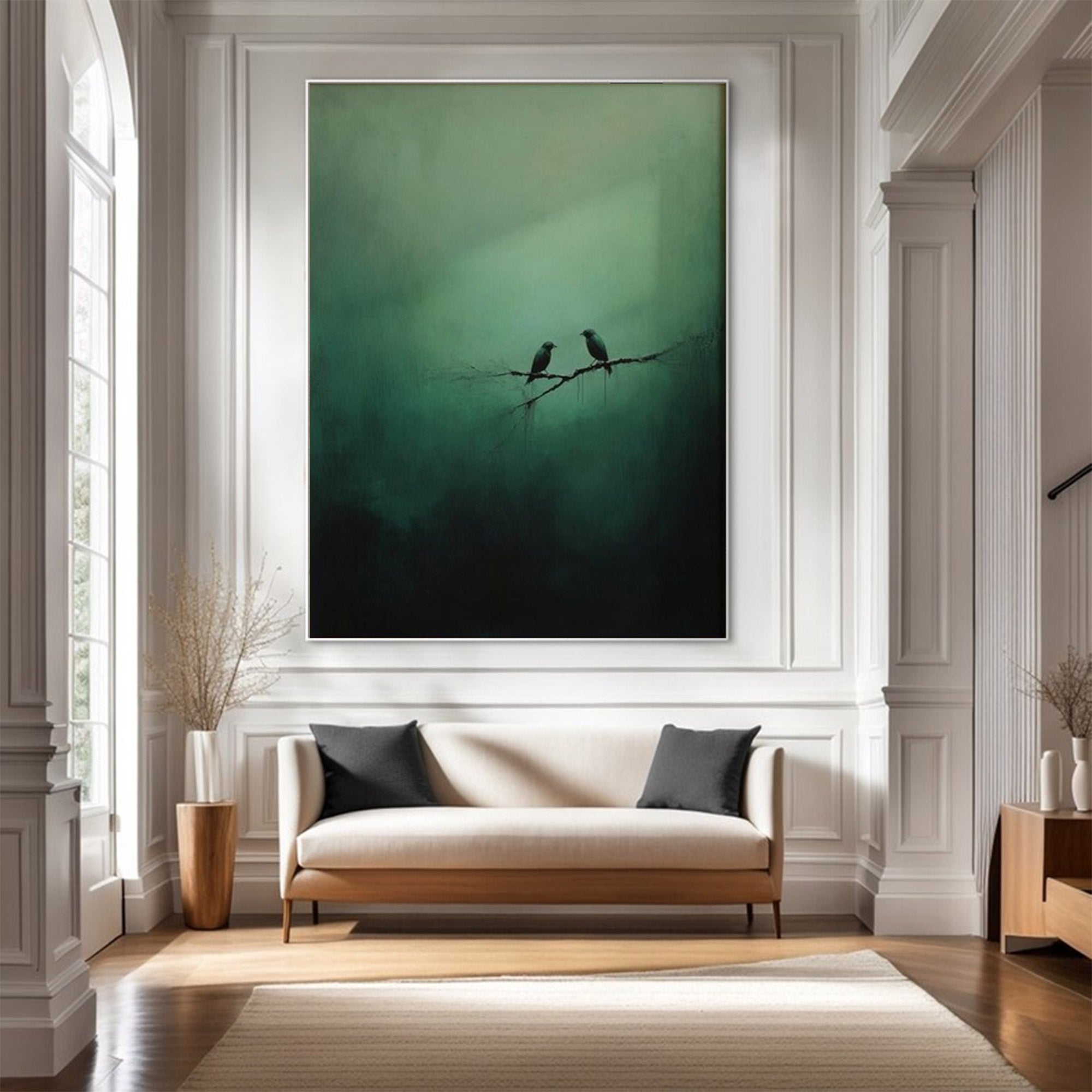 Large Abstract Green Painting Birds | KeiraArt #AG 0101