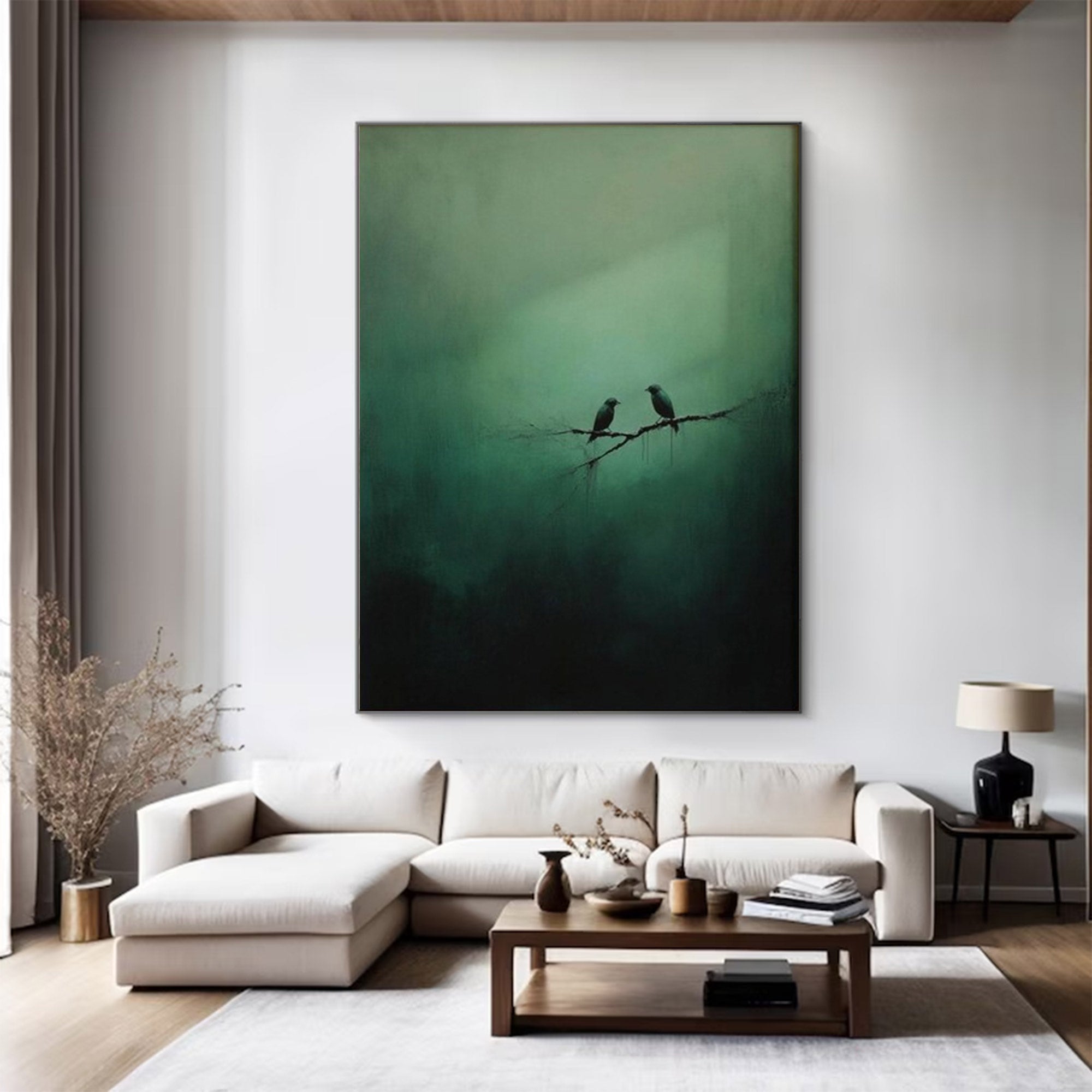 Large Abstract Green Painting Birds | KeiraArt #AG 0101