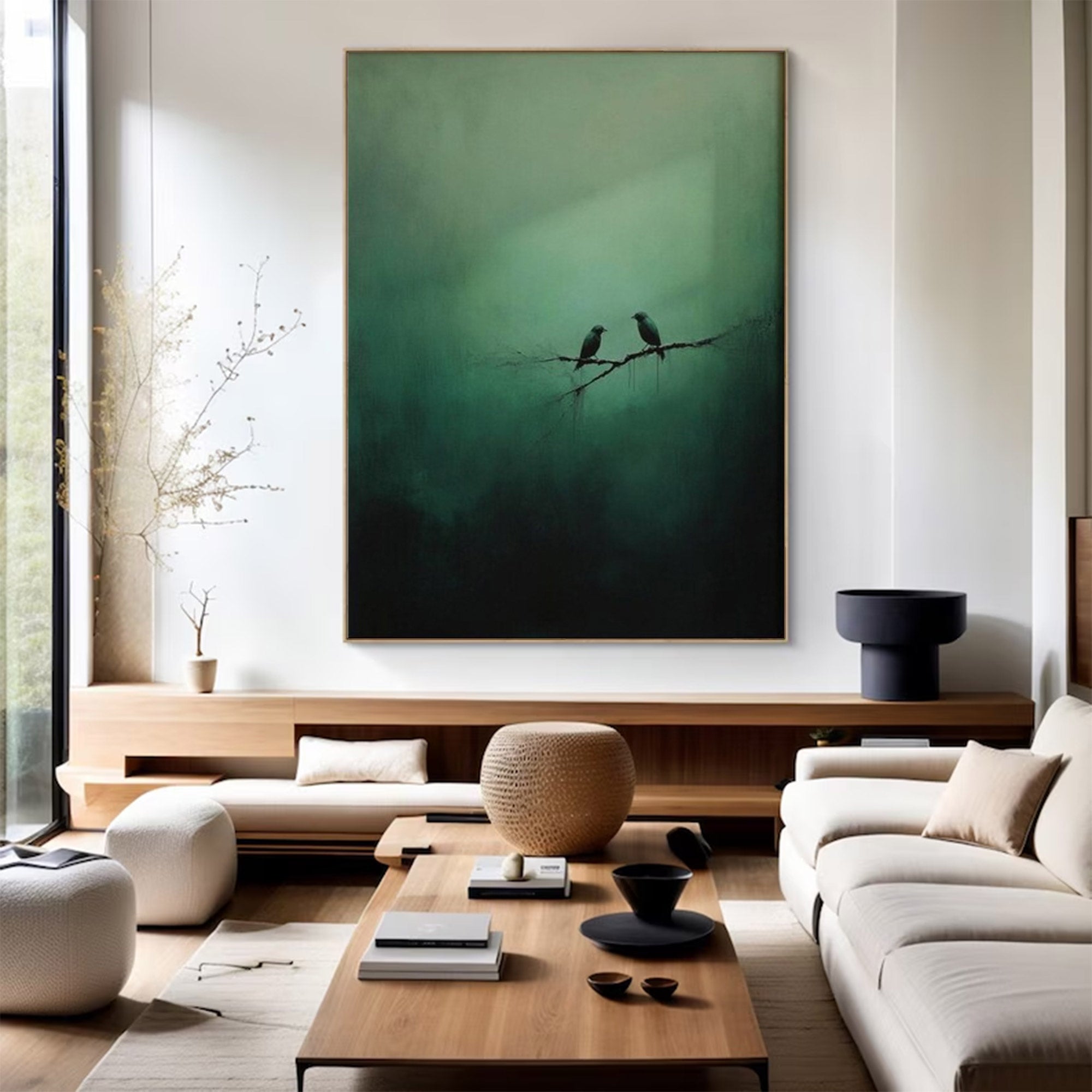 Large Abstract Green Painting Birds | KeiraArt #AG 0101