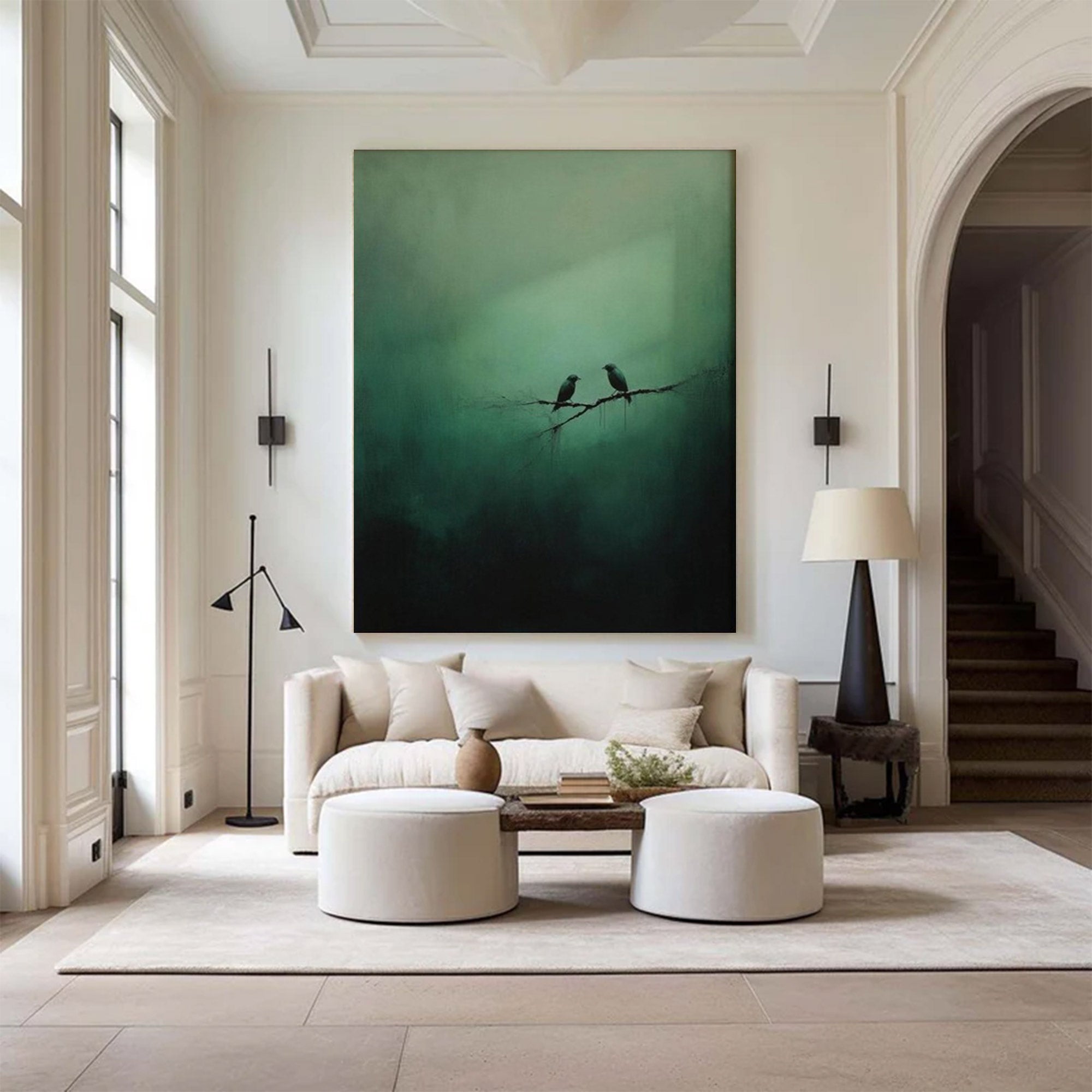 Large Abstract Green Painting Birds | KeiraArt #AG 0101