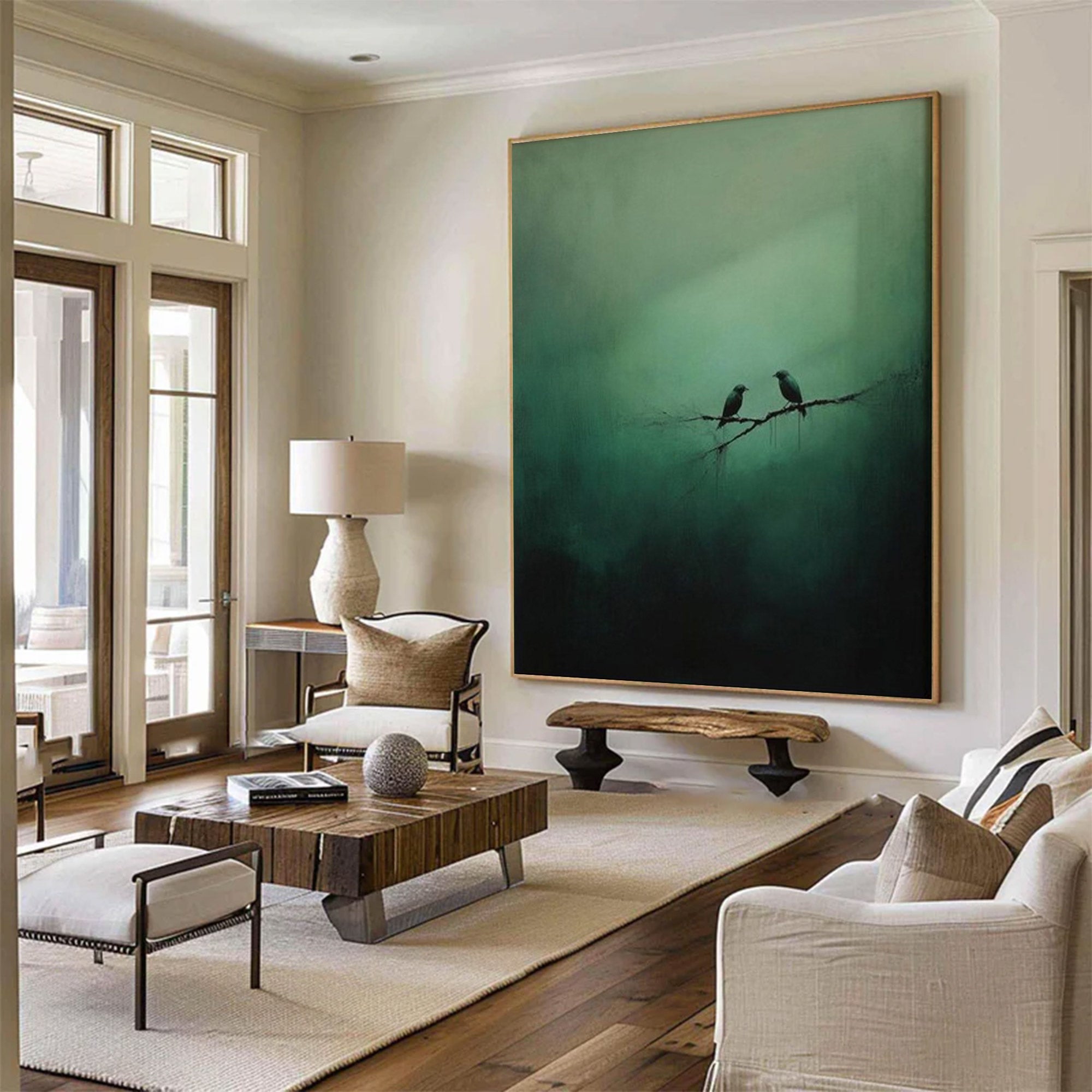 Large Abstract Green Painting Birds | KeiraArt #AG 0101