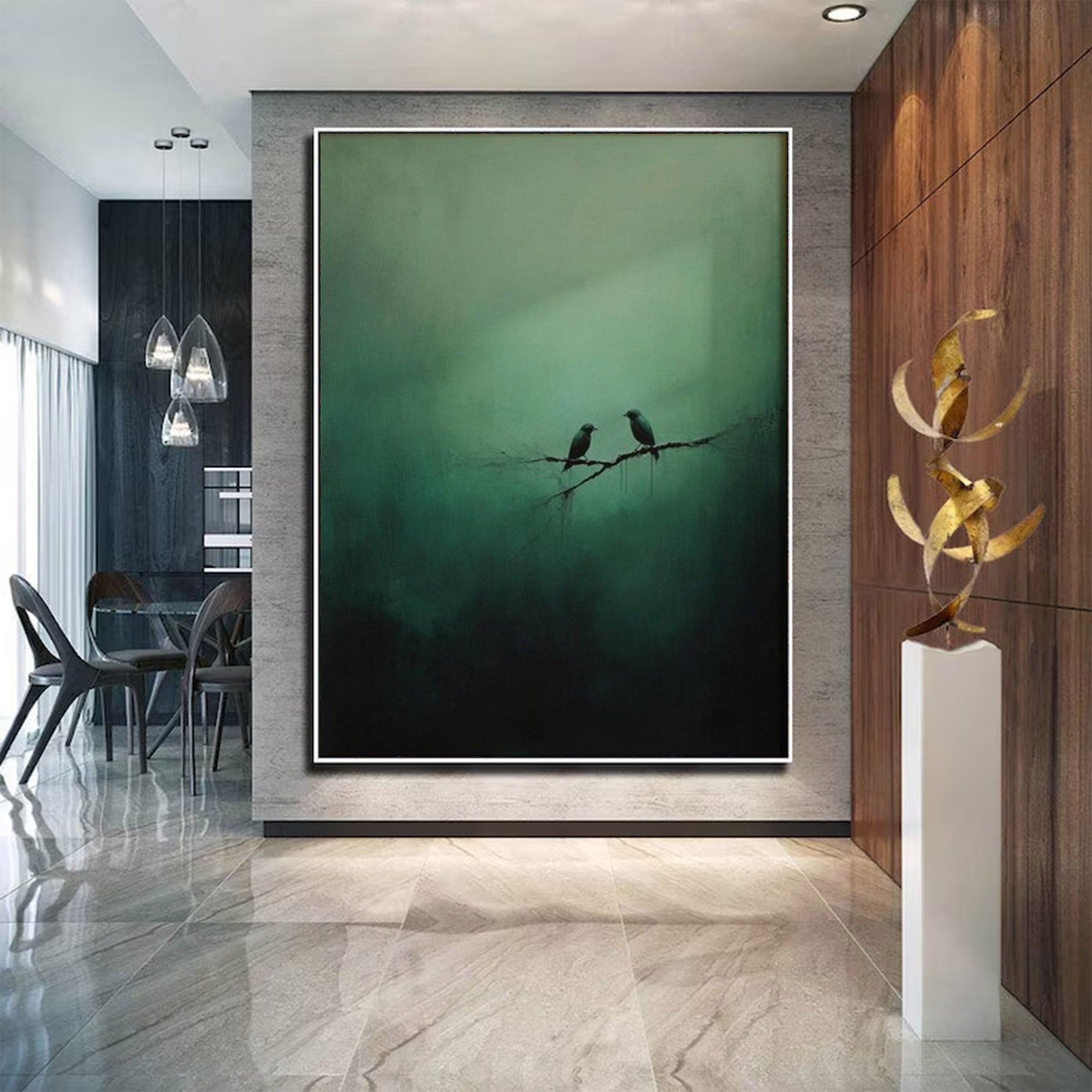 Large Abstract Green Painting Birds | KeiraArt #AG 0101