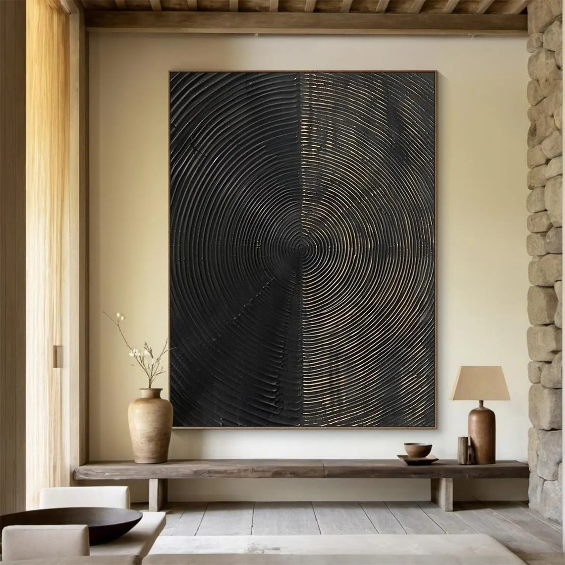 Modern Circular Abstract - Black and Gold Texture Art