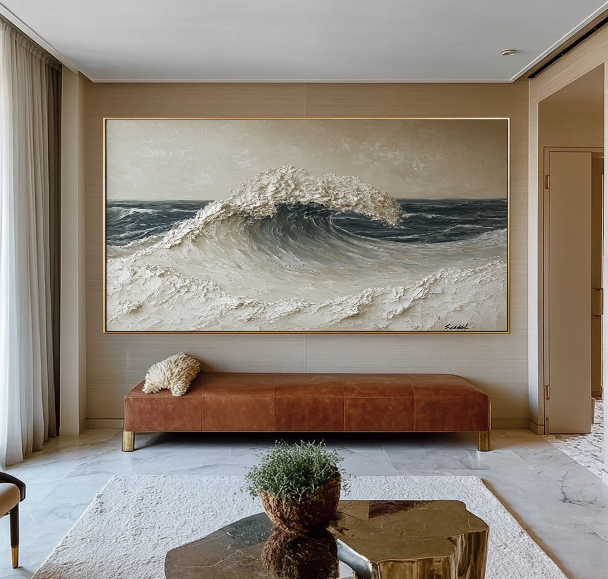 Large Abstract Ocean Wave Wall Art Textured Oil Painting Seascape Cowboy Cowgirl Inspired Vintage Americana Western Artwork Modern Home Decor