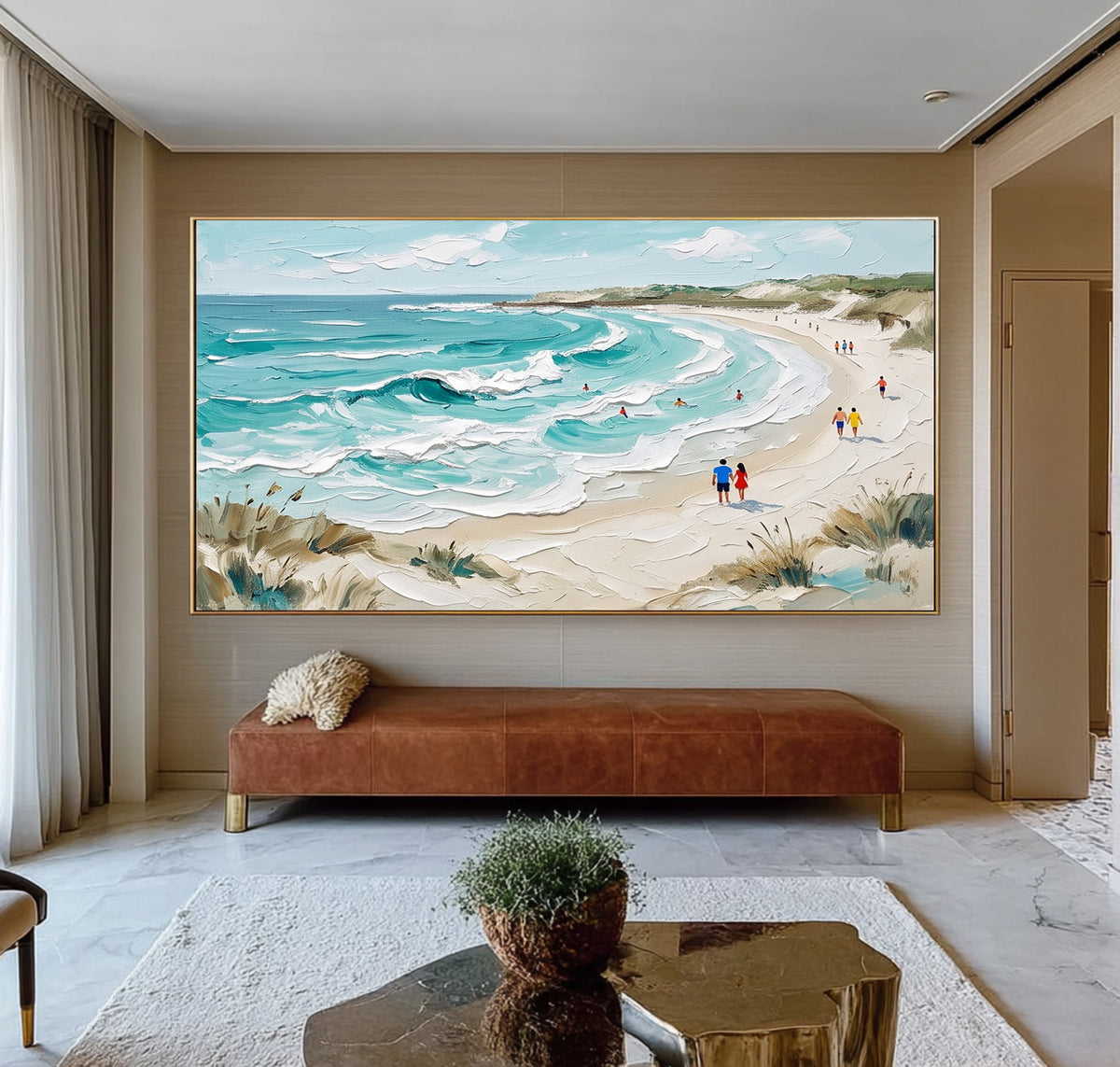 Large Textured Ocean Painting White Sea Foam Turquoise Waves Beach Wall Art