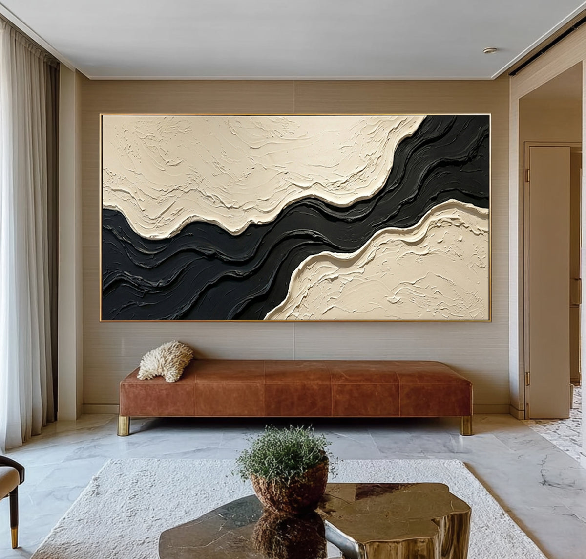 Large Contemporary Gallery Textured Abstract Wall Art Black Ivory Oil Painting Modern Luxury Interior Artwork