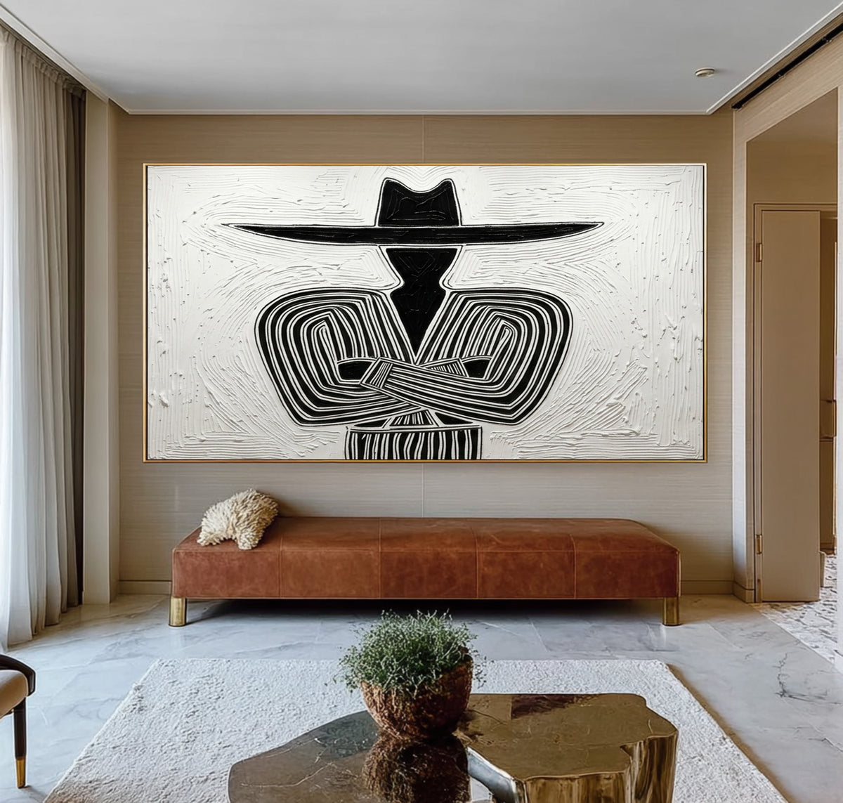 Large Textured Western Cowboy Painting Black White Rustic Wall Art
