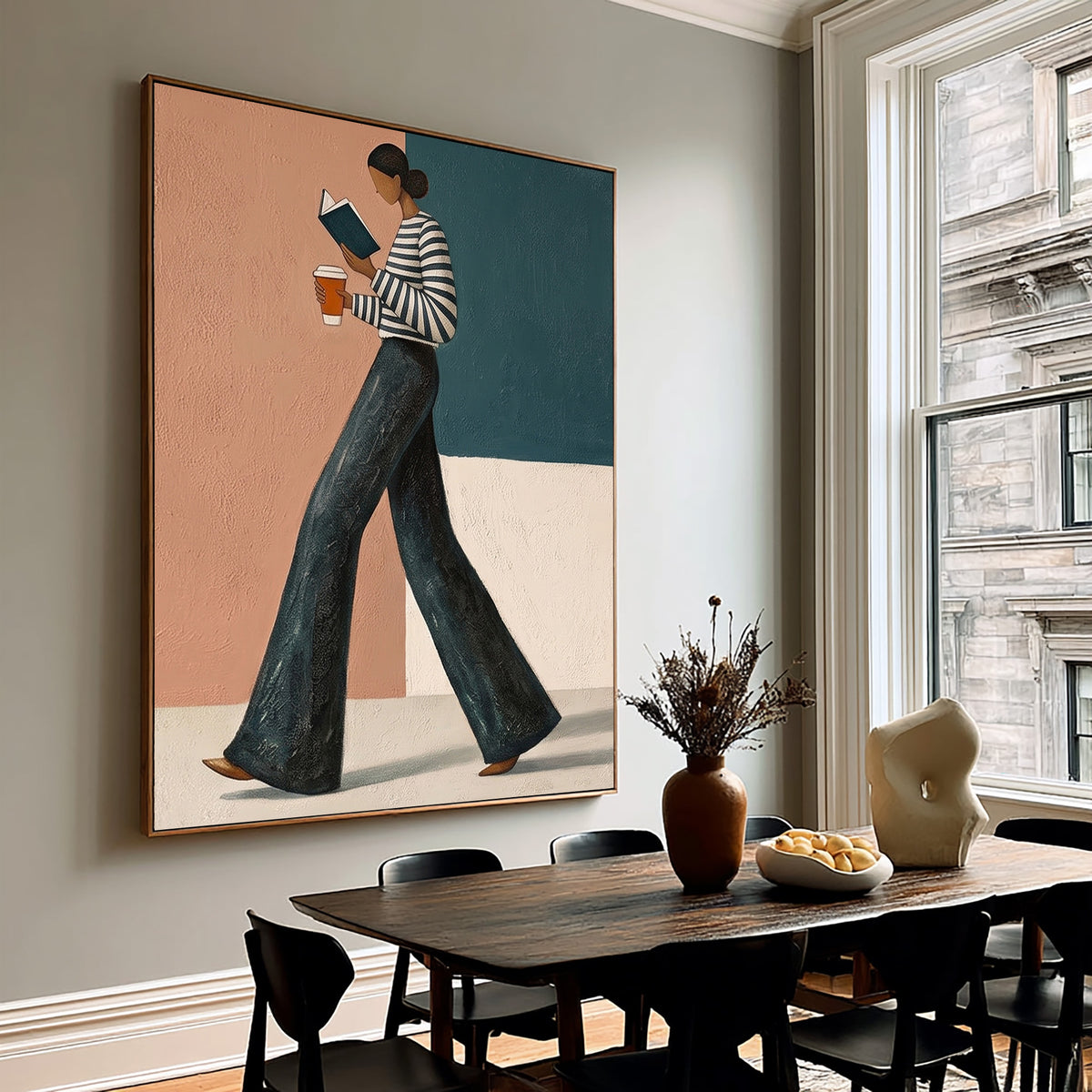 Contemporary Female Figure Painting Striped Shirt Coffee Wall Art