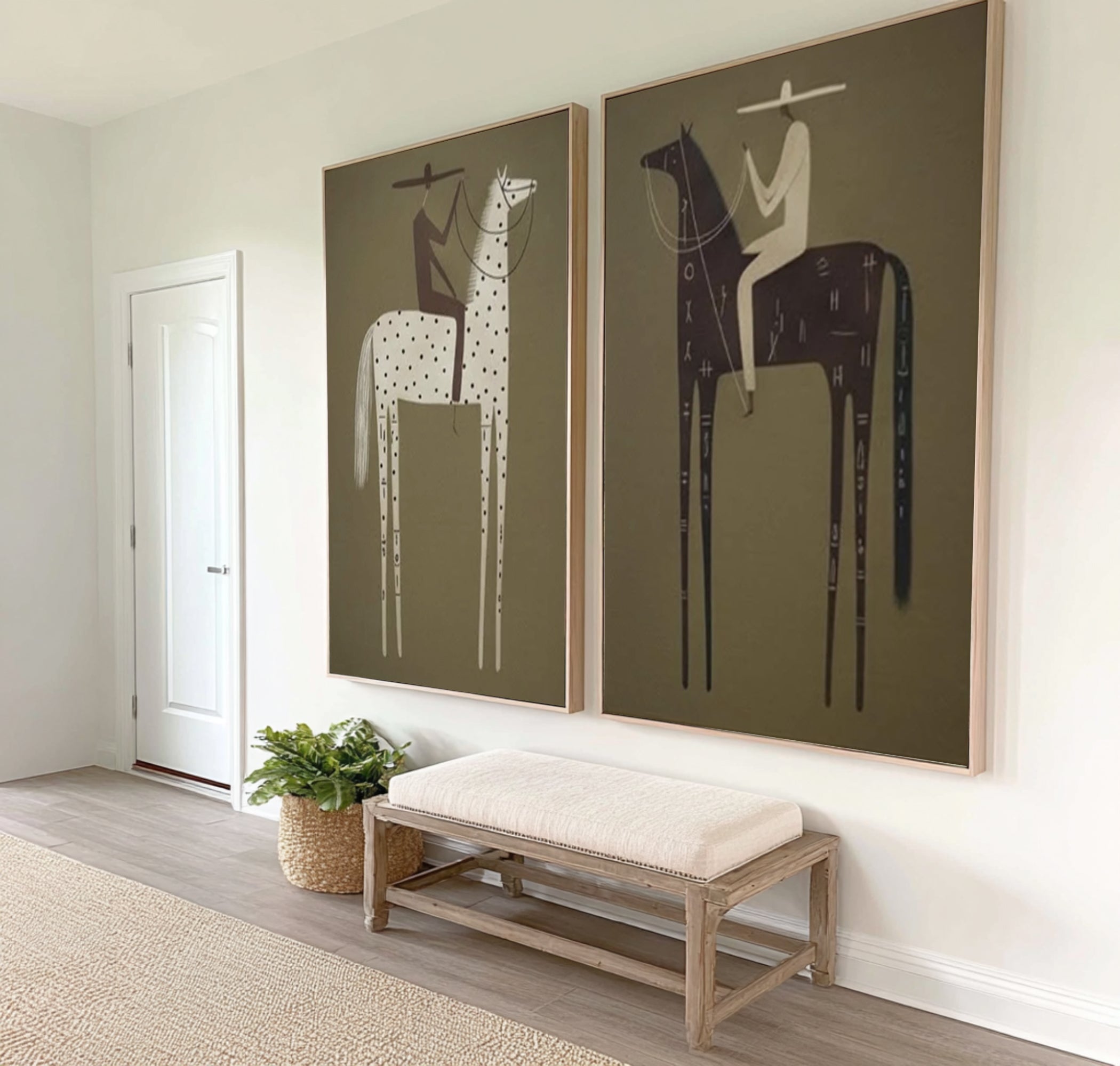 Large Bohemian Horse Rider Canvas Art Modern Neutral Diptych | KeiraArt