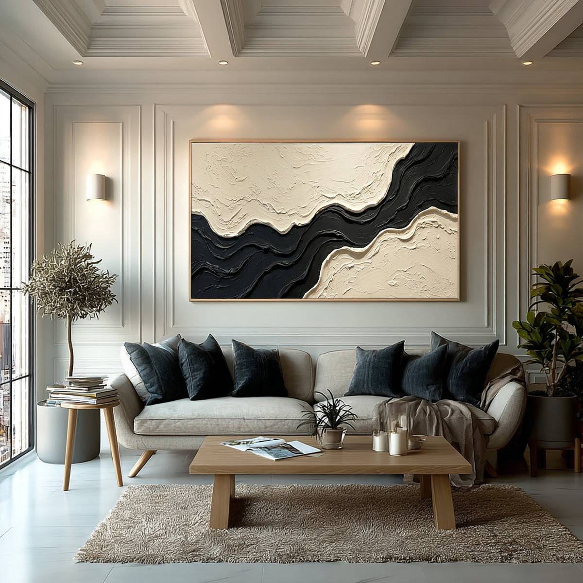 Large Contemporary Gallery Textured Abstract Wall Art Black Ivory Oil Painting Modern Luxury Interior Artwork