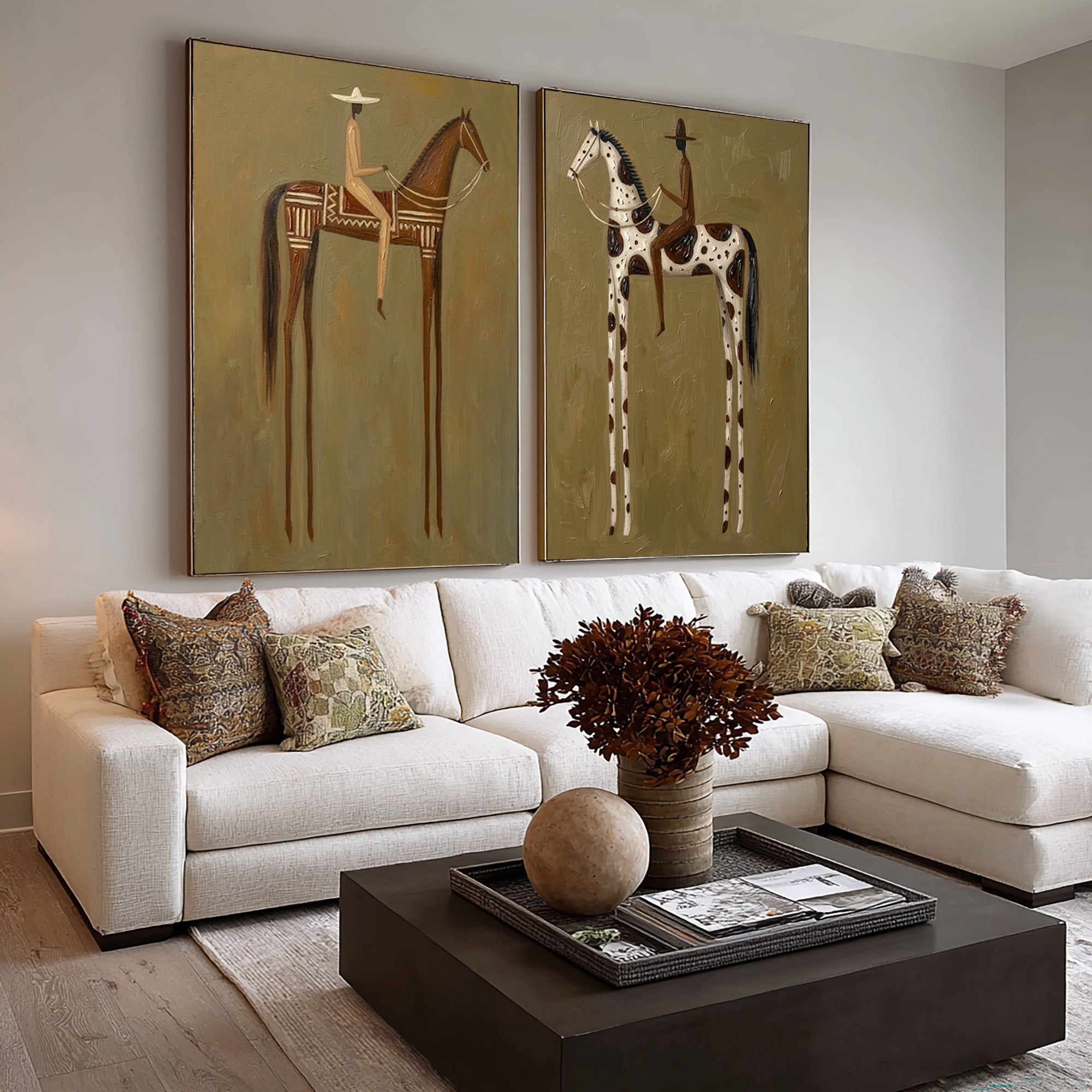 Large Cowboy Cowgirl Horse Wall Art Western Heritage Oil Painting Diptych | KeiraArt