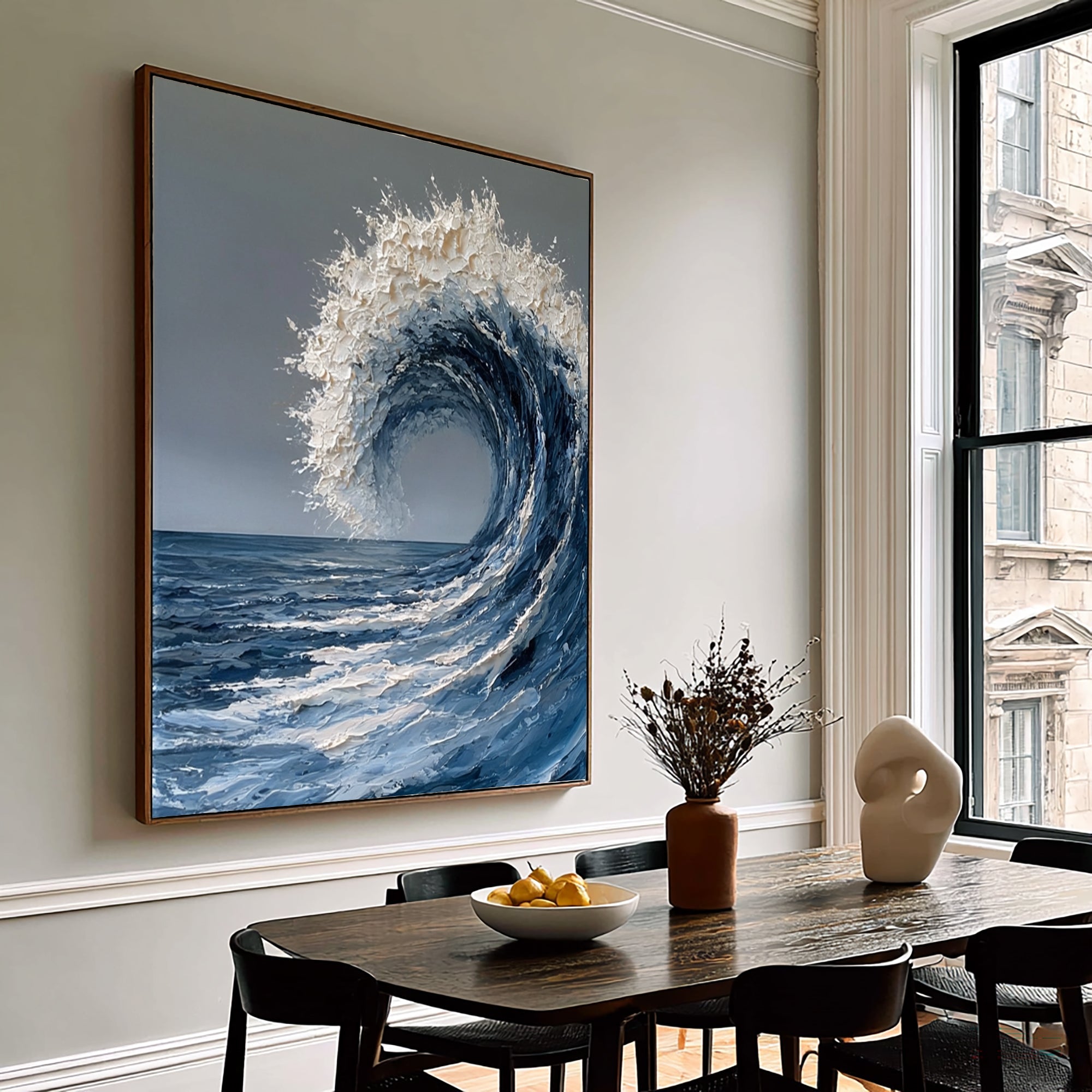Large Textured Ocean Wave Wall Art Abstract Oil Painting Blue Sea Foam Coastal Artwork Modern Beach House Luxury Decor