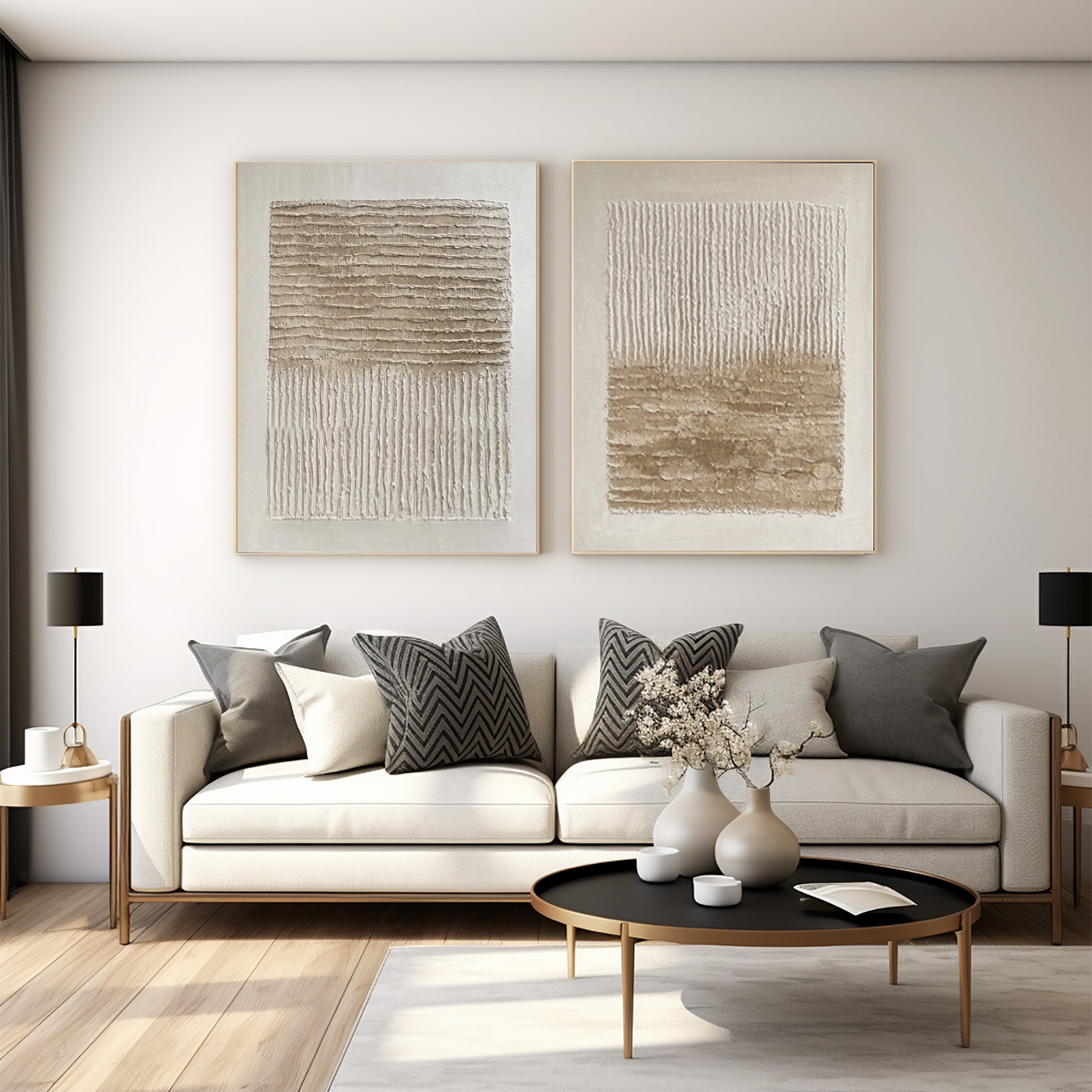 Oversized Impasto Wall Art: Wavy Neutral Panels Set Of 2 #AG 020