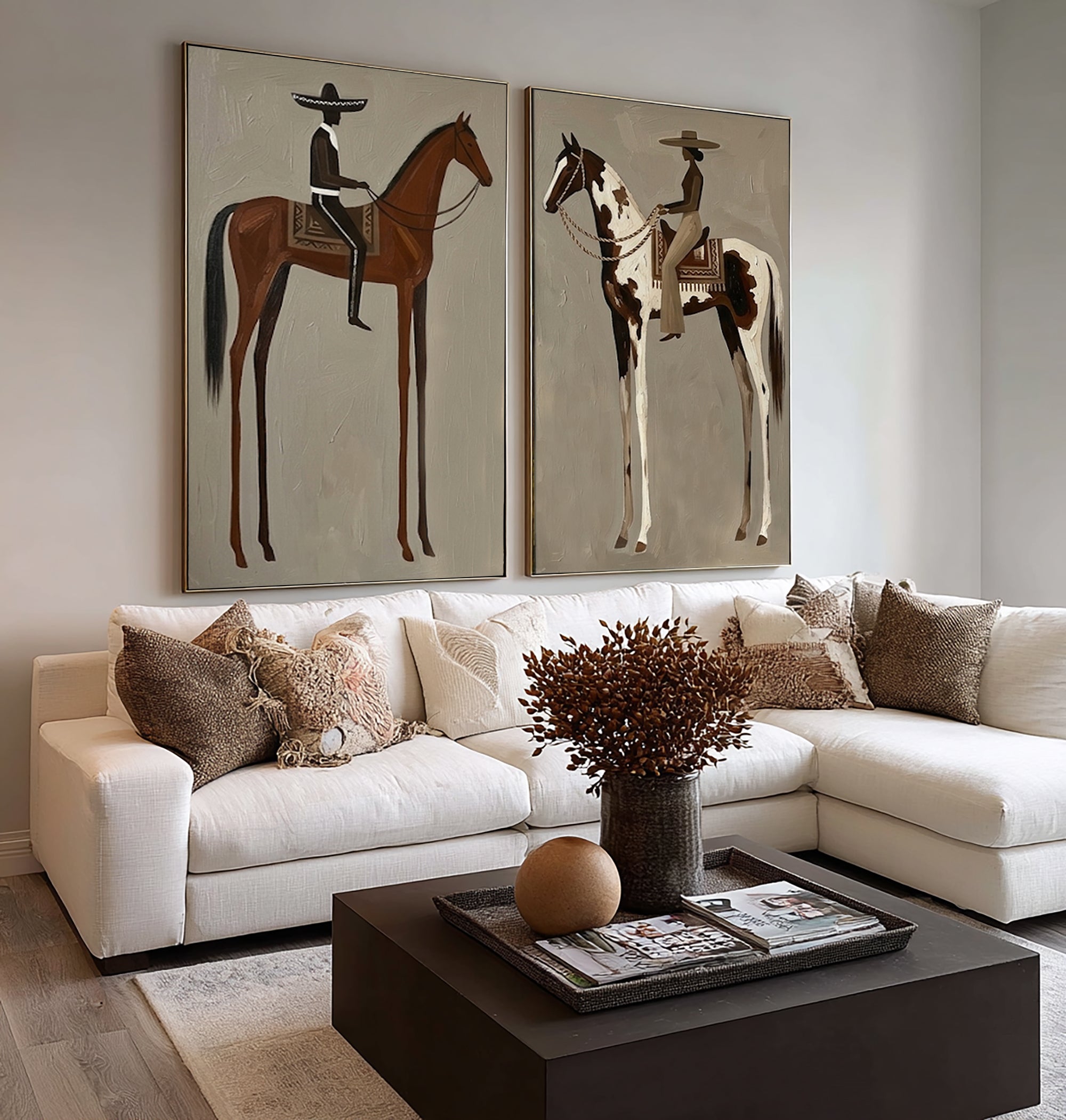 Large Cowboy Cowgirl Wall Art Western Ranch Horse Oil Painting Diptych | KeiraArt