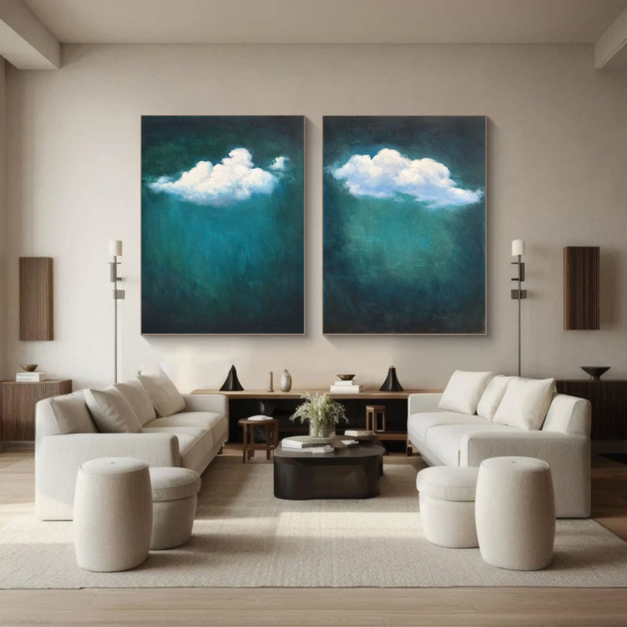 Teal Tranquility Cloud Paintings for Modern Home Decor Set Of 2 #OS 059
