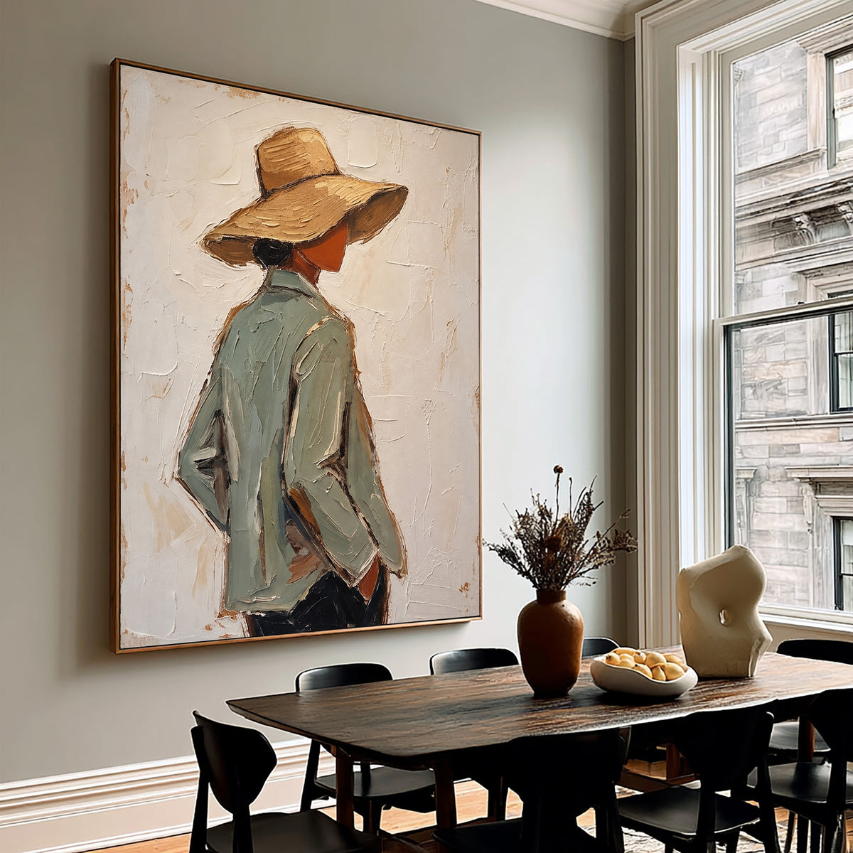 Large Textured Western Oil Painting Modern Cowboy Hat Portrait Wall Art