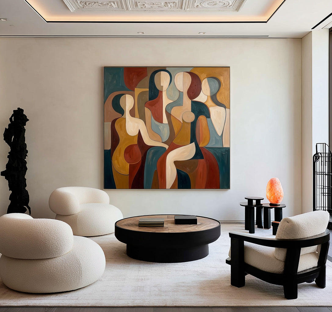 Large Elegant Abstract Figurative Statement Wall Art Modern Female Portrait Oil Painting Geometric Contemporary Artwork Luxury Home Decor