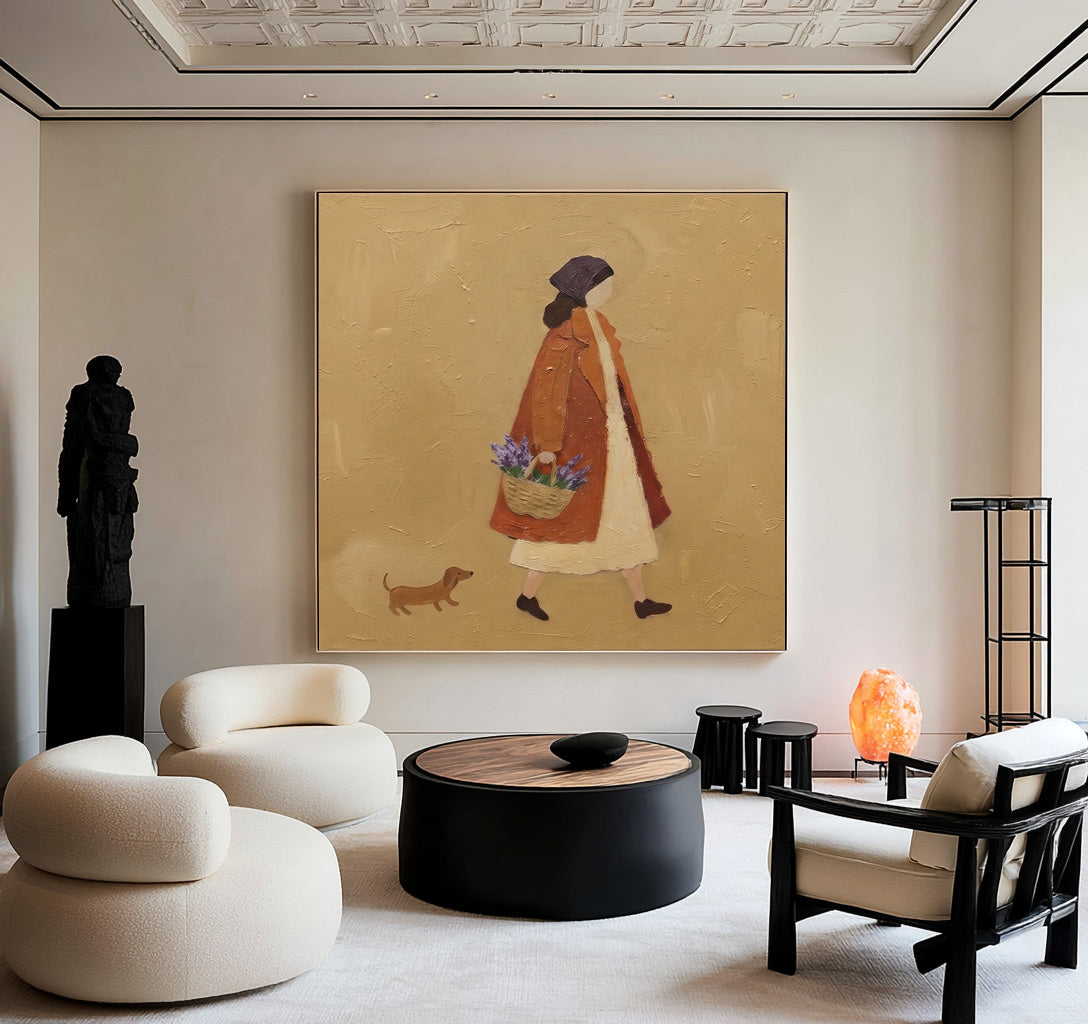 The Quiet Pleasure Of Wandering Original Figurative Painting Woman Dog Floral Basket European Interior Wall Art