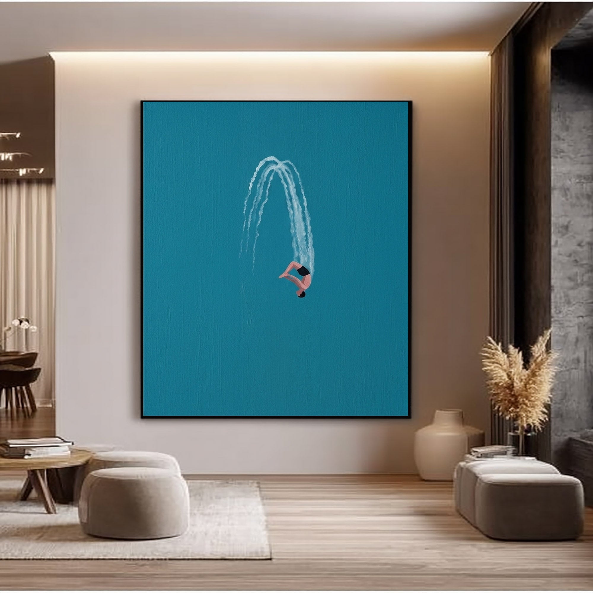 Large Contemporary Diver Wall Art Minimalist Blue Ocean Painting