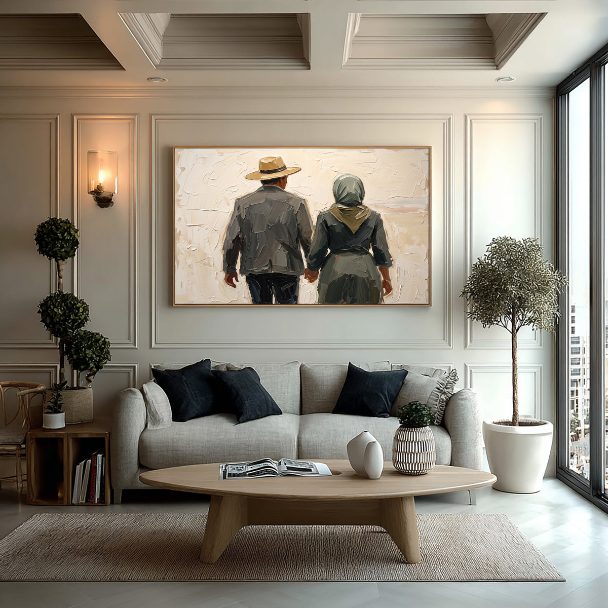 Large Modern Rustic Couple Portrait Wall Art Textured Oil Painting Country Inspired Figurative Artwork Contemporary Farmhouse Decor