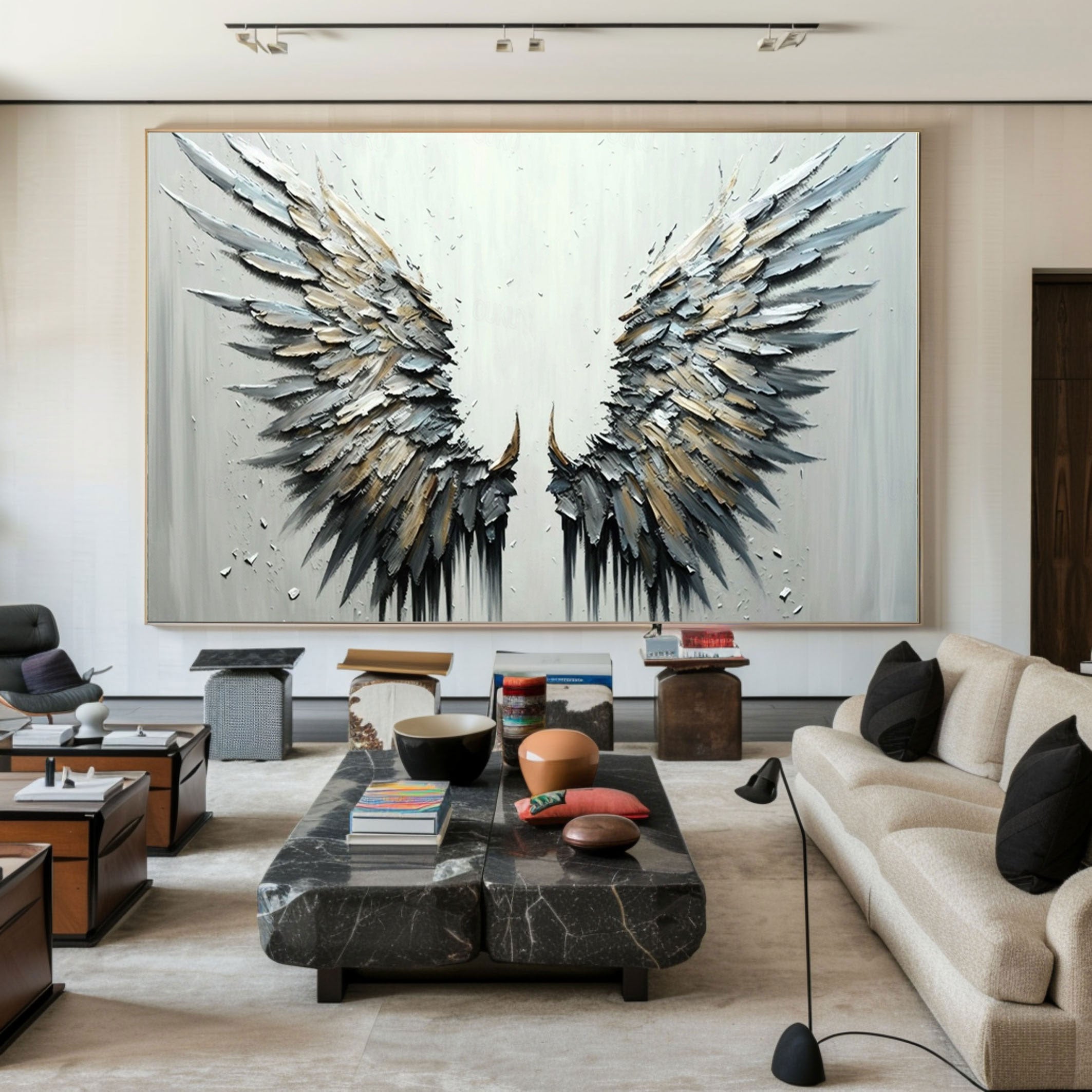 Textured Angel Wings Art - Abstract Black & White Painting #MMA 189