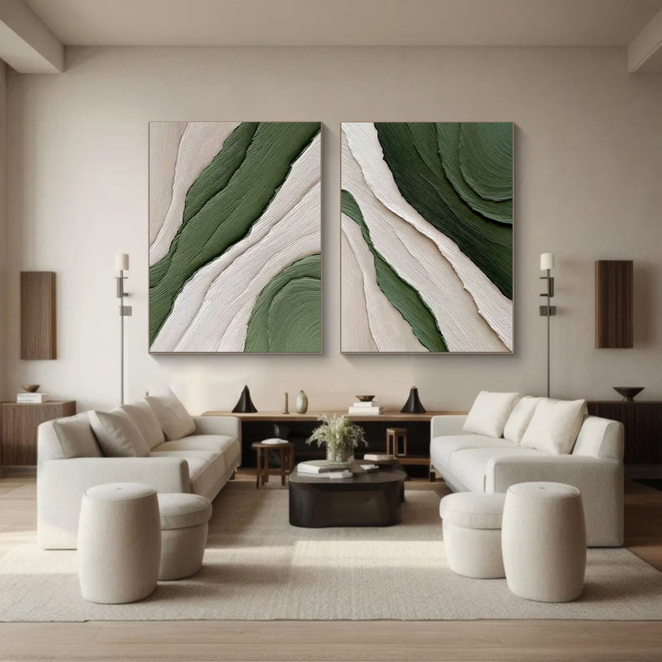 Modern Green and White Abstract Wall Art Dual Panel Design #MMAS 067