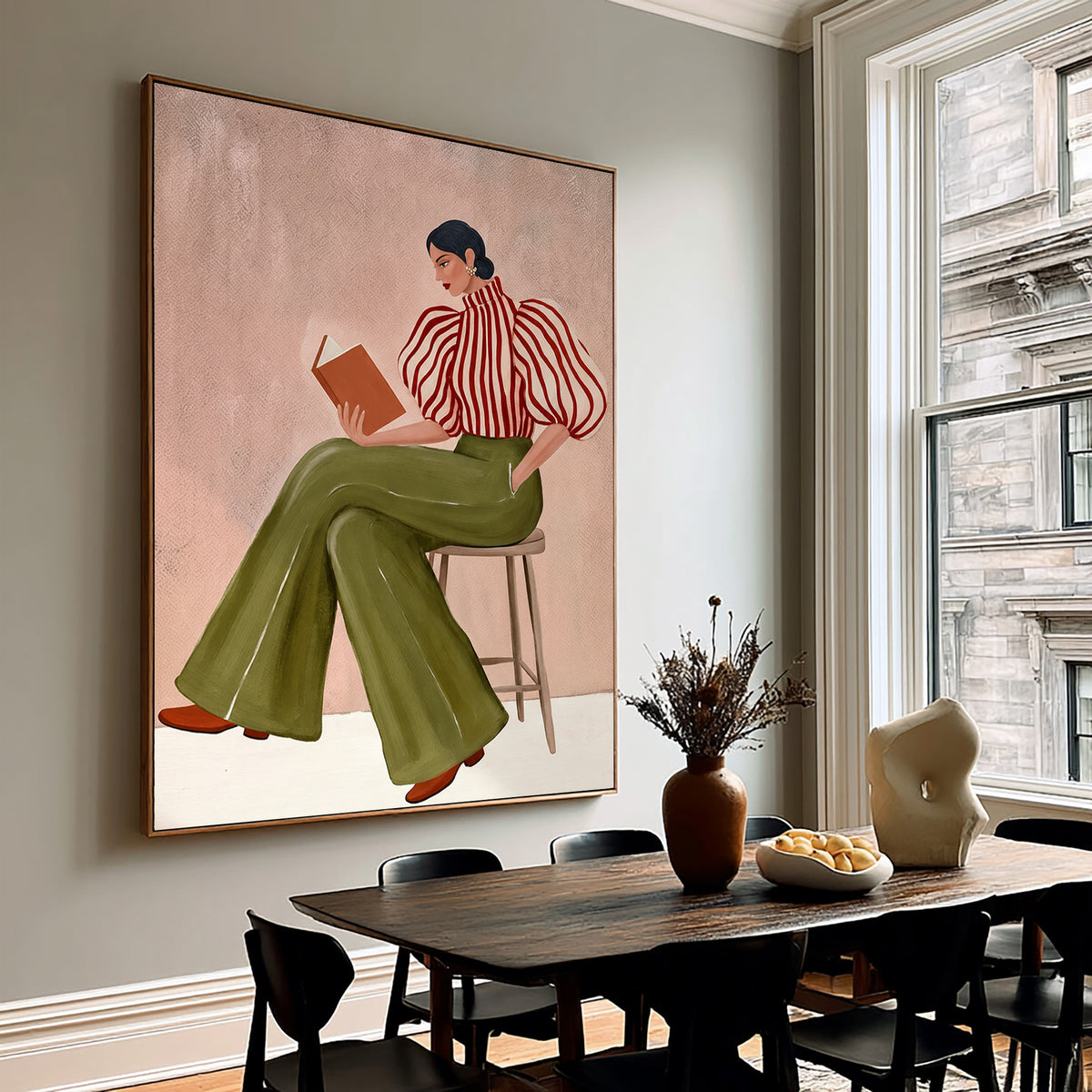 Large Textured Oil Painting Woman Reading Olive Green Trousers Fashion Wall Art