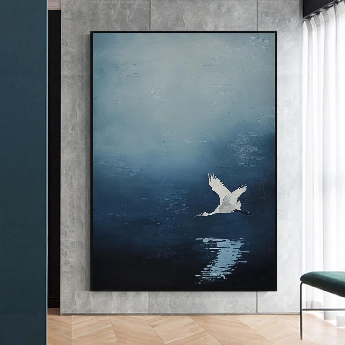 White Crane in Flight Misty Blue