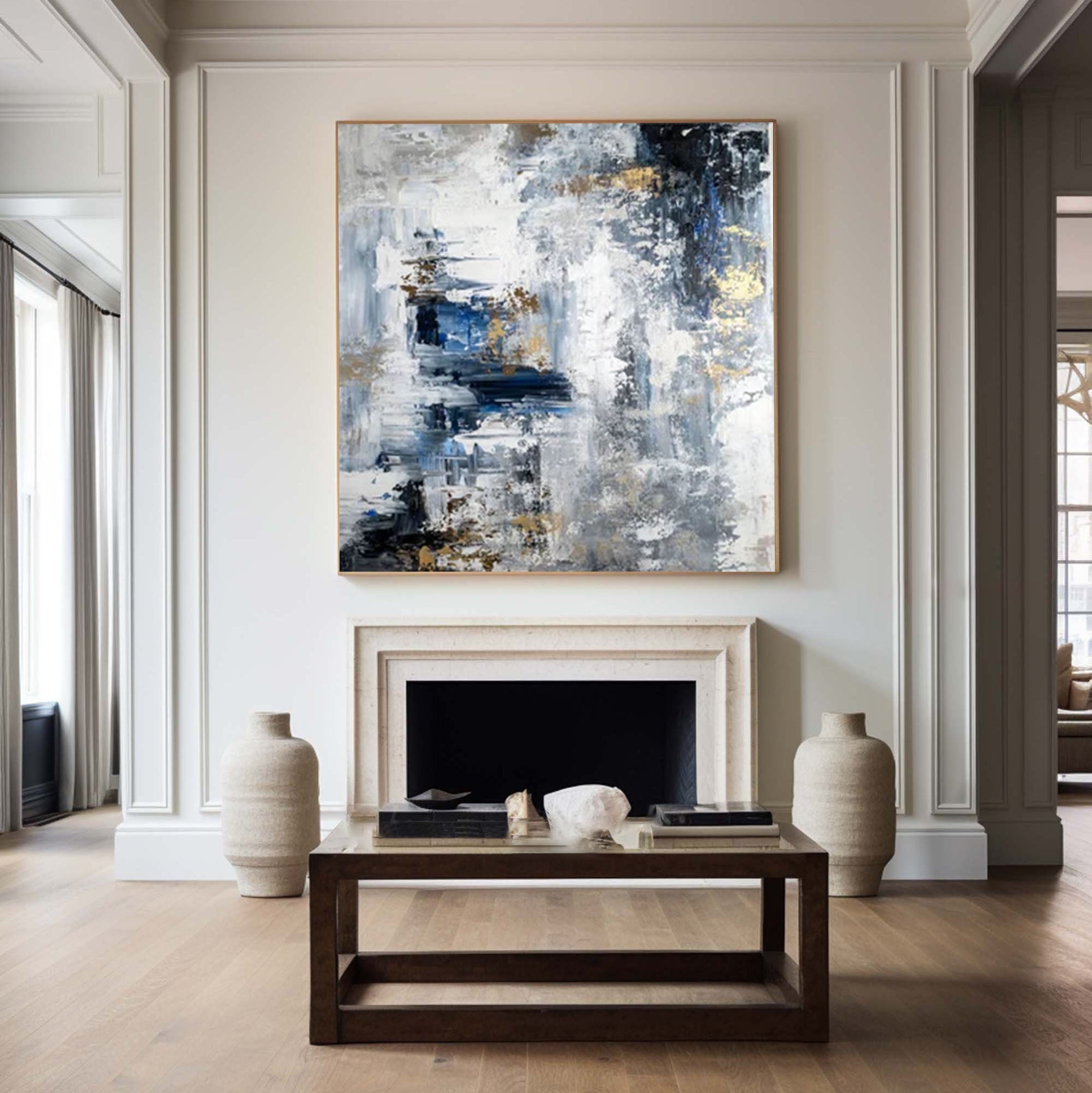 Large Modern Abstract Wall Art Blue and Metallic Painting #AP 068