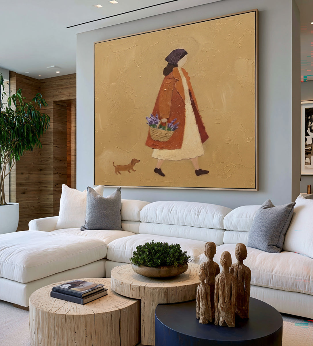 The Quiet Pleasure Of Wandering Original Figurative Painting Woman Dog Floral Basket European Interior Wall Art