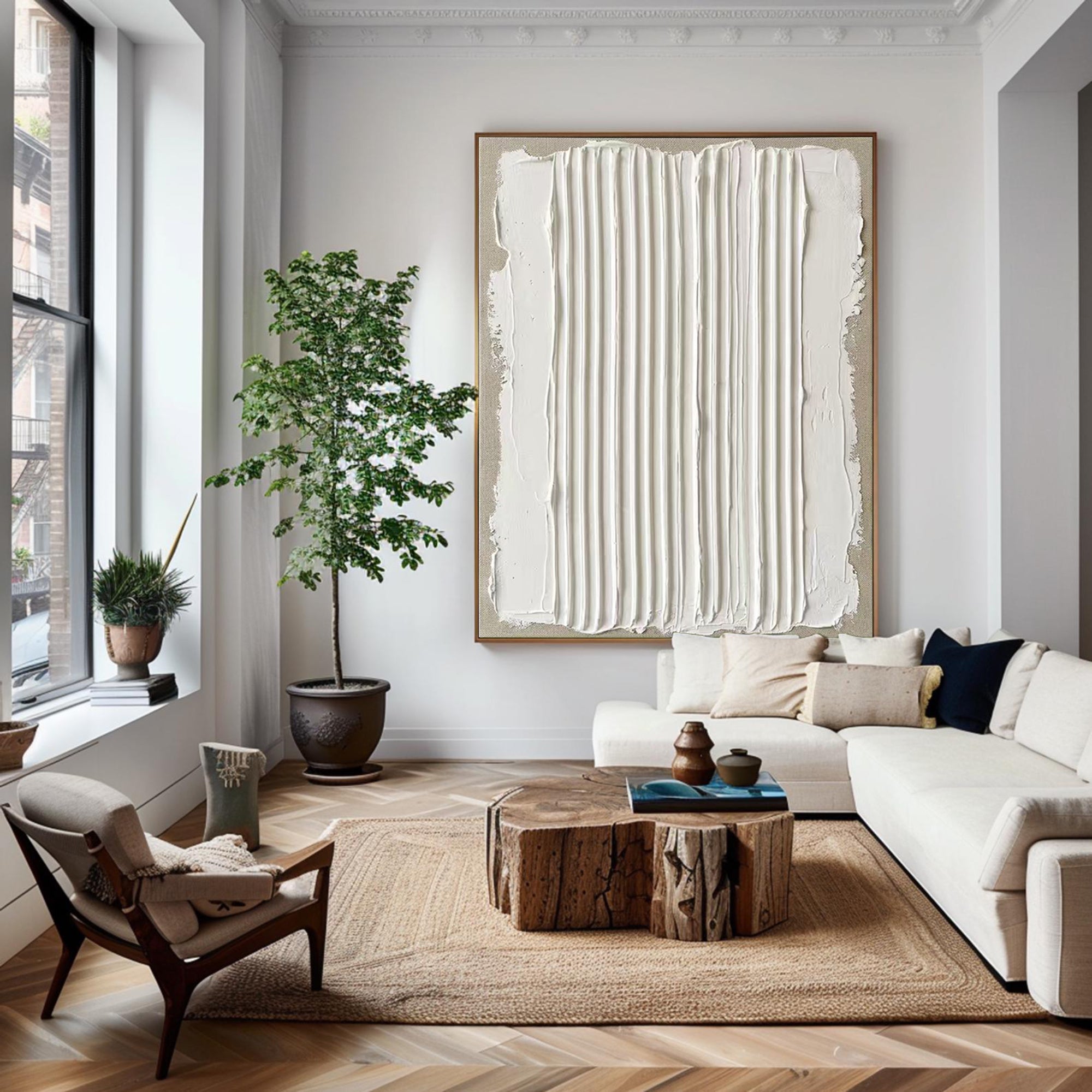 Large Neutral Oil Painting with Vertical Plaster Texture for Contemporary Interiors