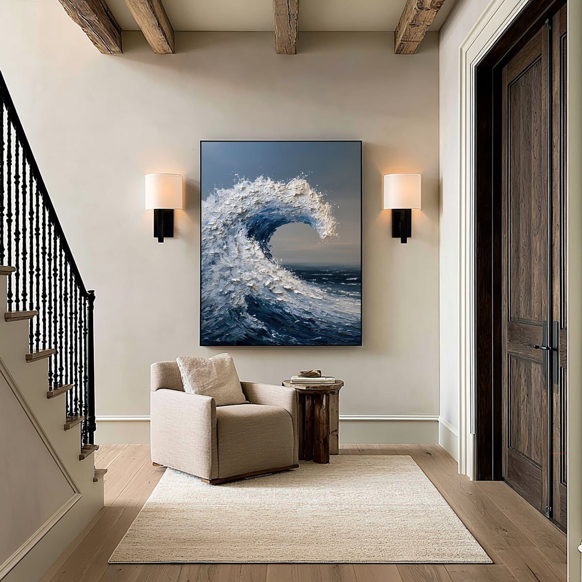 Large Wave Wall Art Textured Oil Painting Ocean Storm Sea Foam Blue Abstract Coastal Artwork Modern Statement Decor