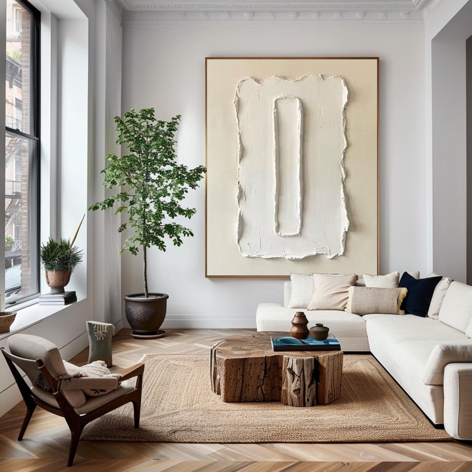 Large Contemporary Relief Wall Art with Soft Ivory Texture Design
