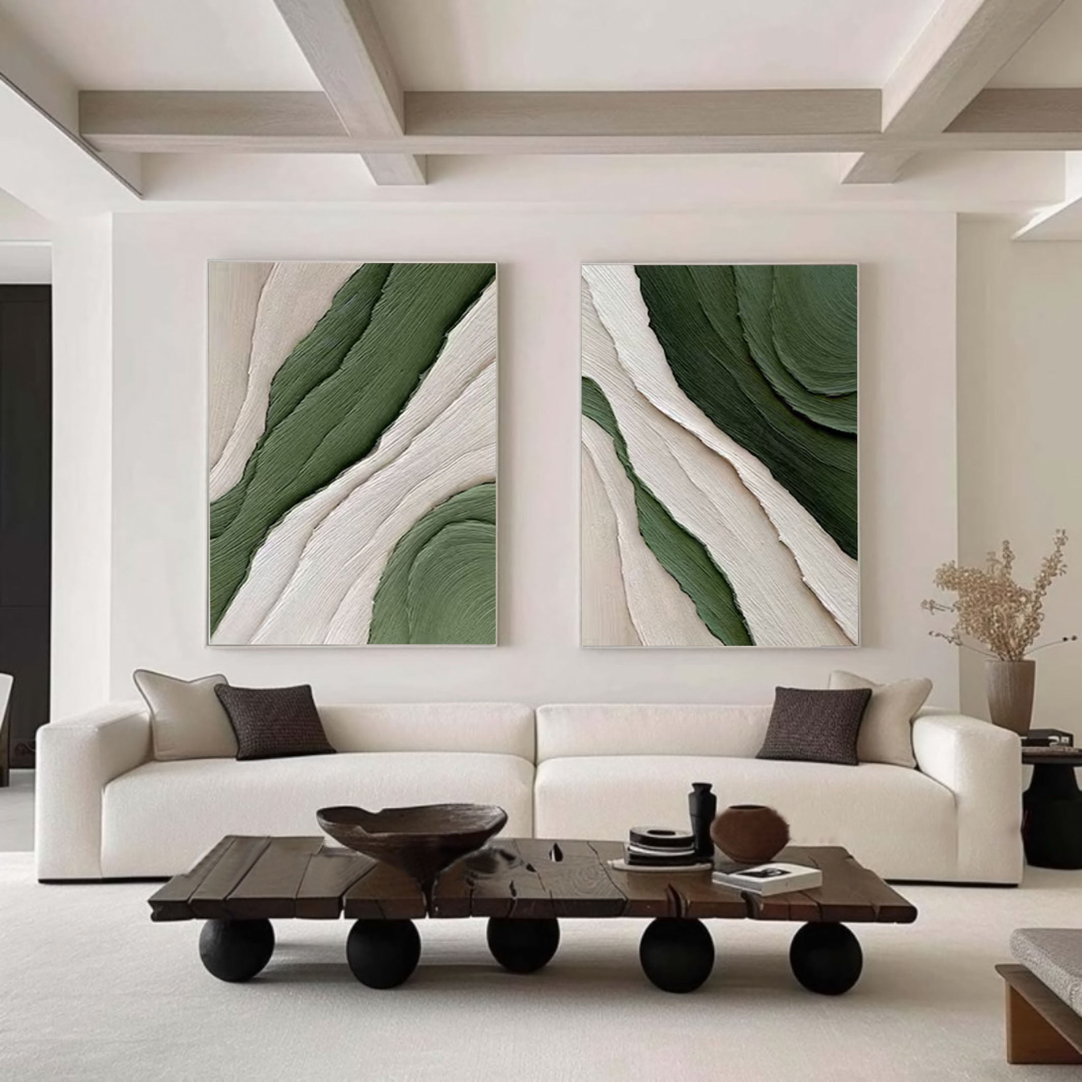 Modern Green and White Abstract Wall Art Dual Panel Design #MMAS 067