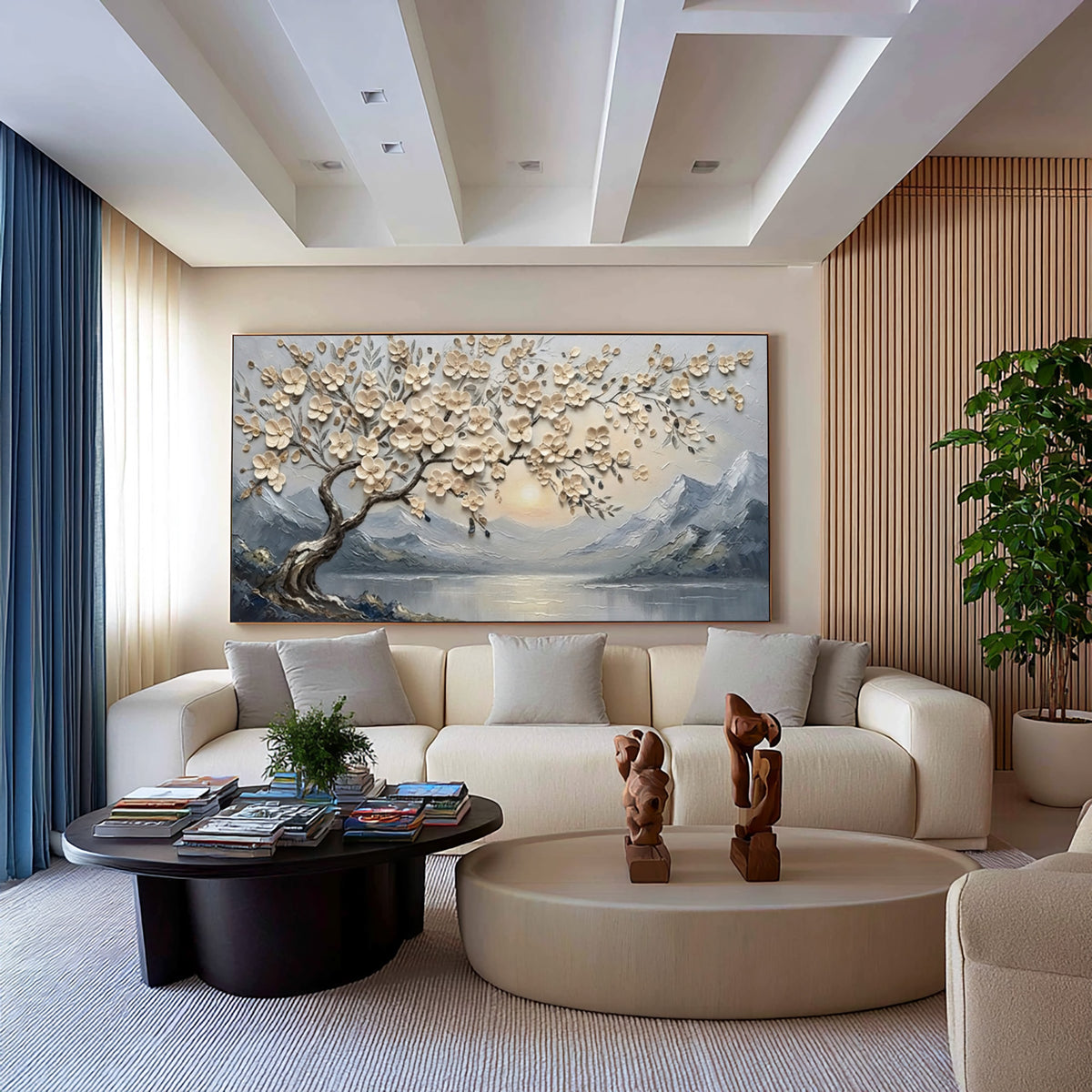 Large Textured Blossom Tree Painting Peaceful Mountain Lake Wall Art