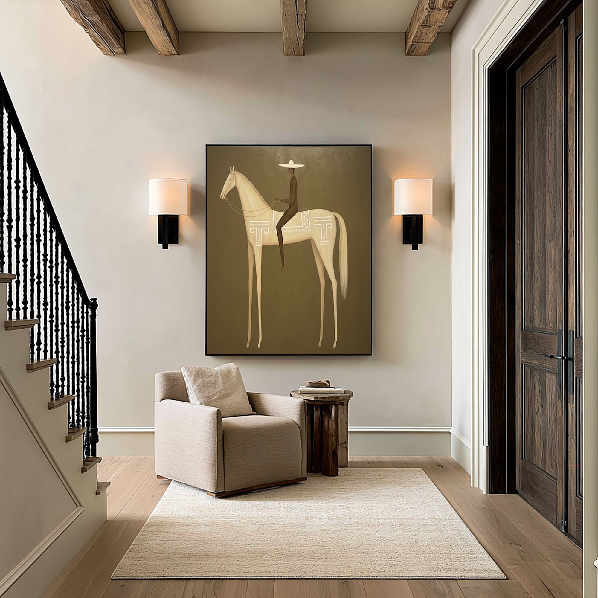 Large Elegant Rider Wall Art Horse Equestrian Oil Painting Cowboy Cowgirl Inspired Vintage Americana Western Artwork Luxury Home Decor