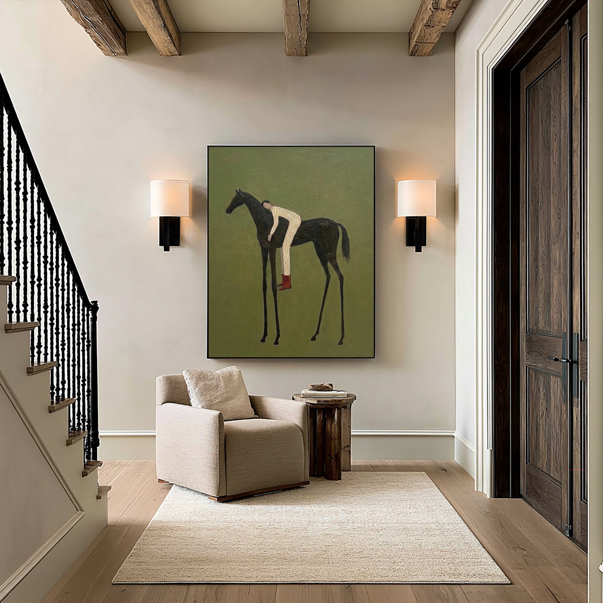 Large Minimal Equestrian Wall Art Horse Rider Oil Painting Cowboy Cowgirl Inspired Vintage Americana Western Artwork Modern Interior Decor