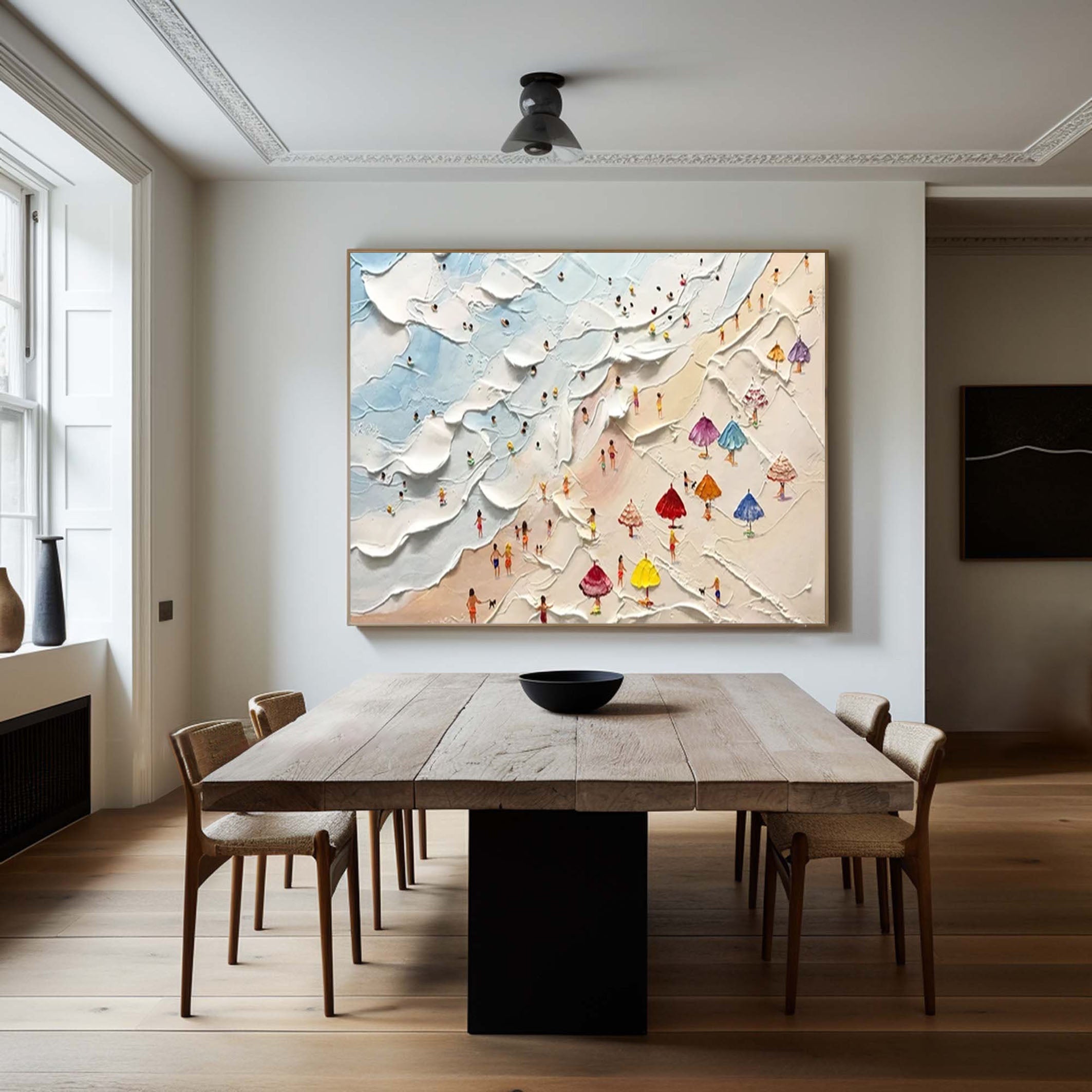 Sandy Stroll Large Textured Beach Scene with Colorful Umbrellas #OS 063