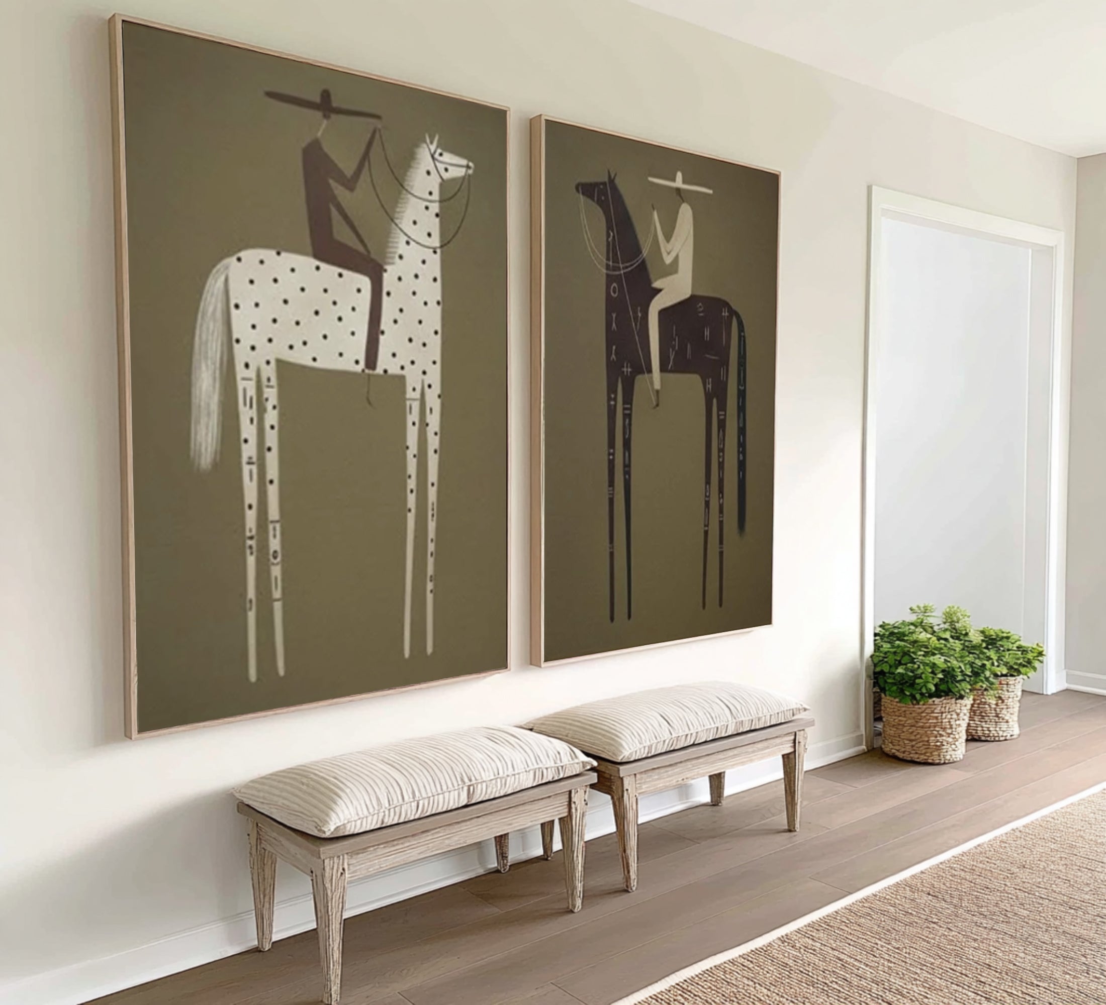 Large Bohemian Horse Rider Canvas Art Modern Neutral Diptych | KeiraArt