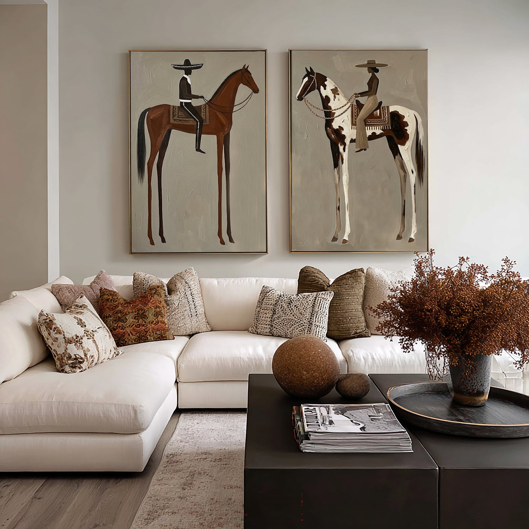 Large Cowboy Cowgirl Wall Art Western Ranch Horse Oil Painting Diptych | KeiraArt