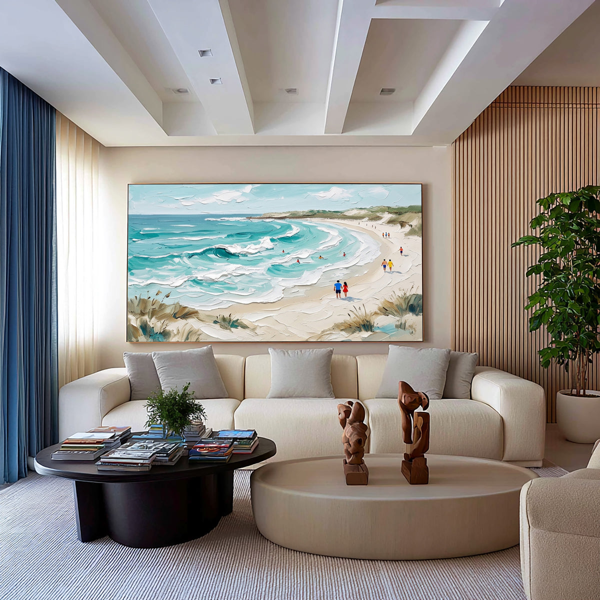 Large Textured Ocean Painting White Sea Foam Turquoise Waves Beach Wall Art
