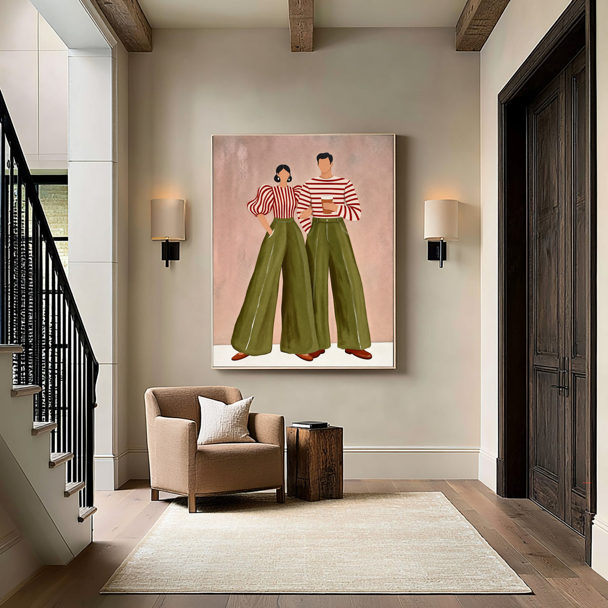 Olive Green Blush Pink Couple Painting Modern Wall Art