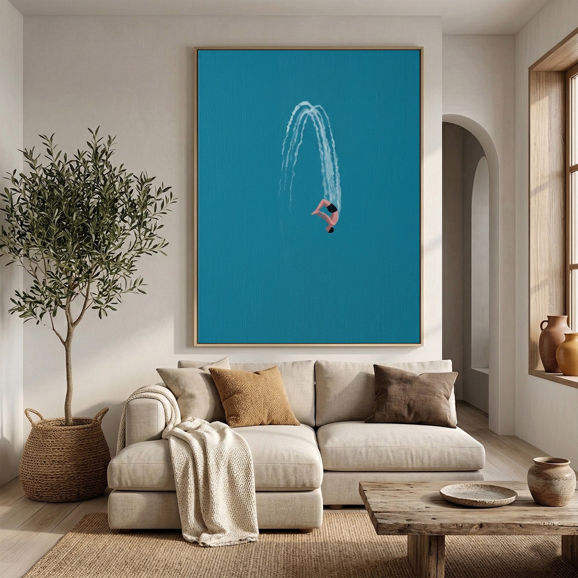 Large Contemporary Diver Wall Art Minimalist Blue Ocean Painting