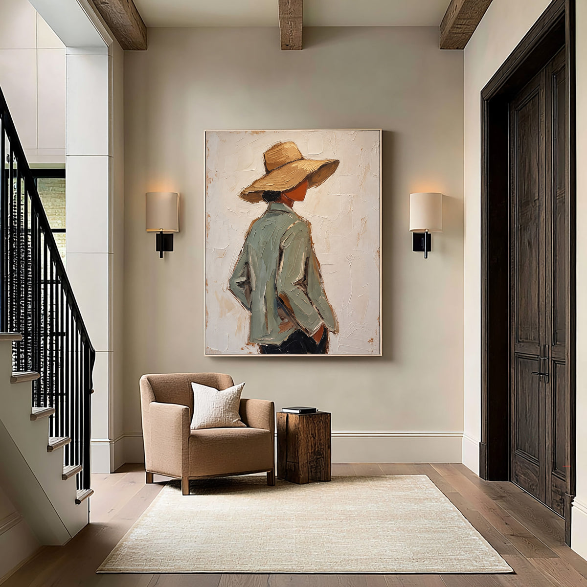 Large Textured Western Oil Painting Modern Cowboy Hat Portrait Wall Art