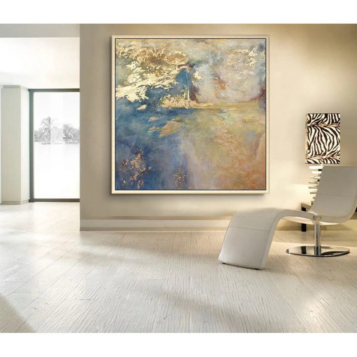 Large Modern Gold Accent Abstract - Blue Oil Painting #AP 115