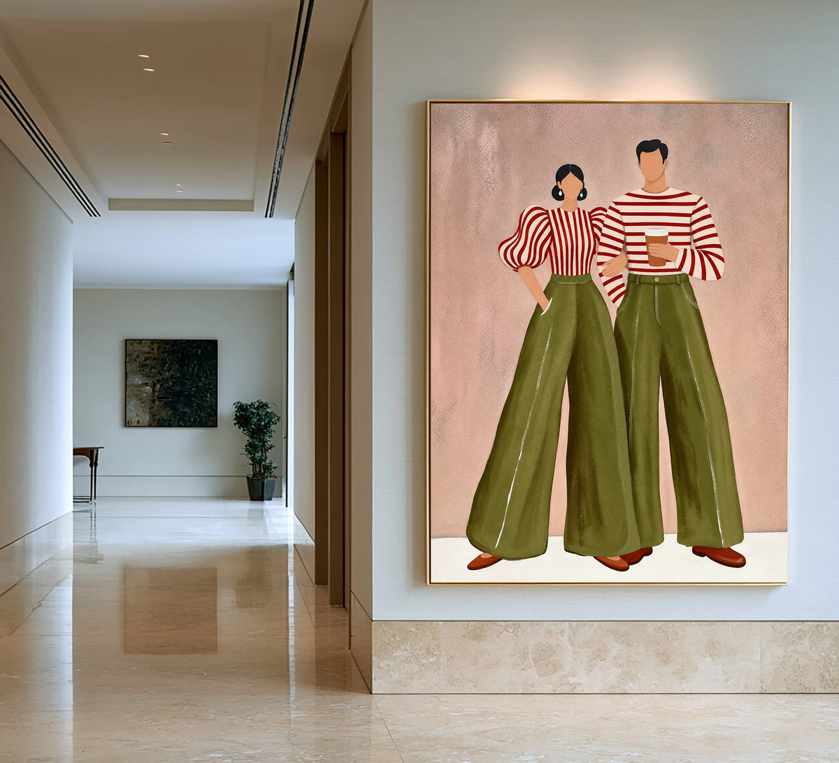 Olive Green Blush Pink Couple Painting Modern Wall Art