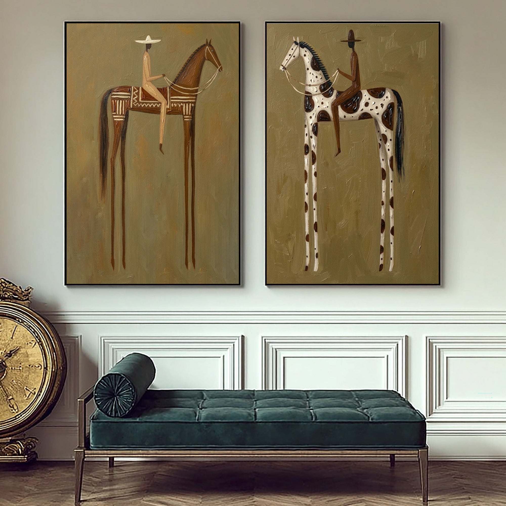 Large Cowboy Cowgirl Horse Wall Art Western Heritage Oil Painting Diptych | KeiraArt