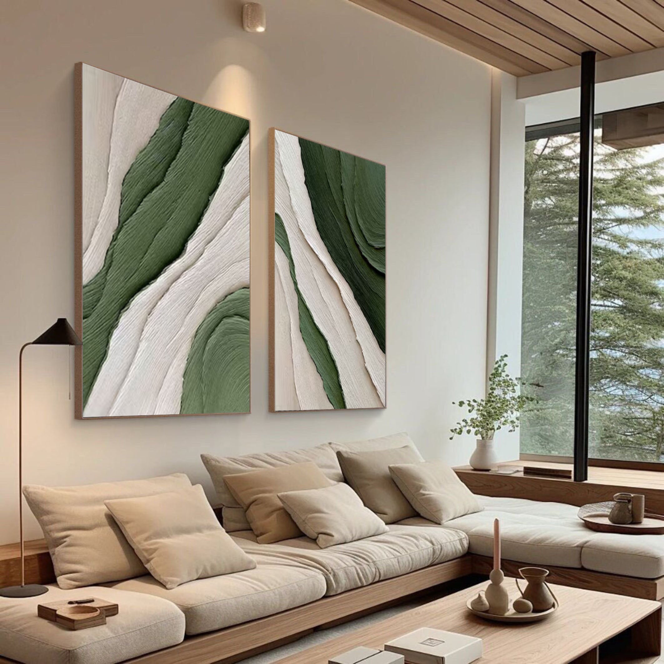 Modern Green and White Abstract Wall Art Dual Panel Design #MMAS 067