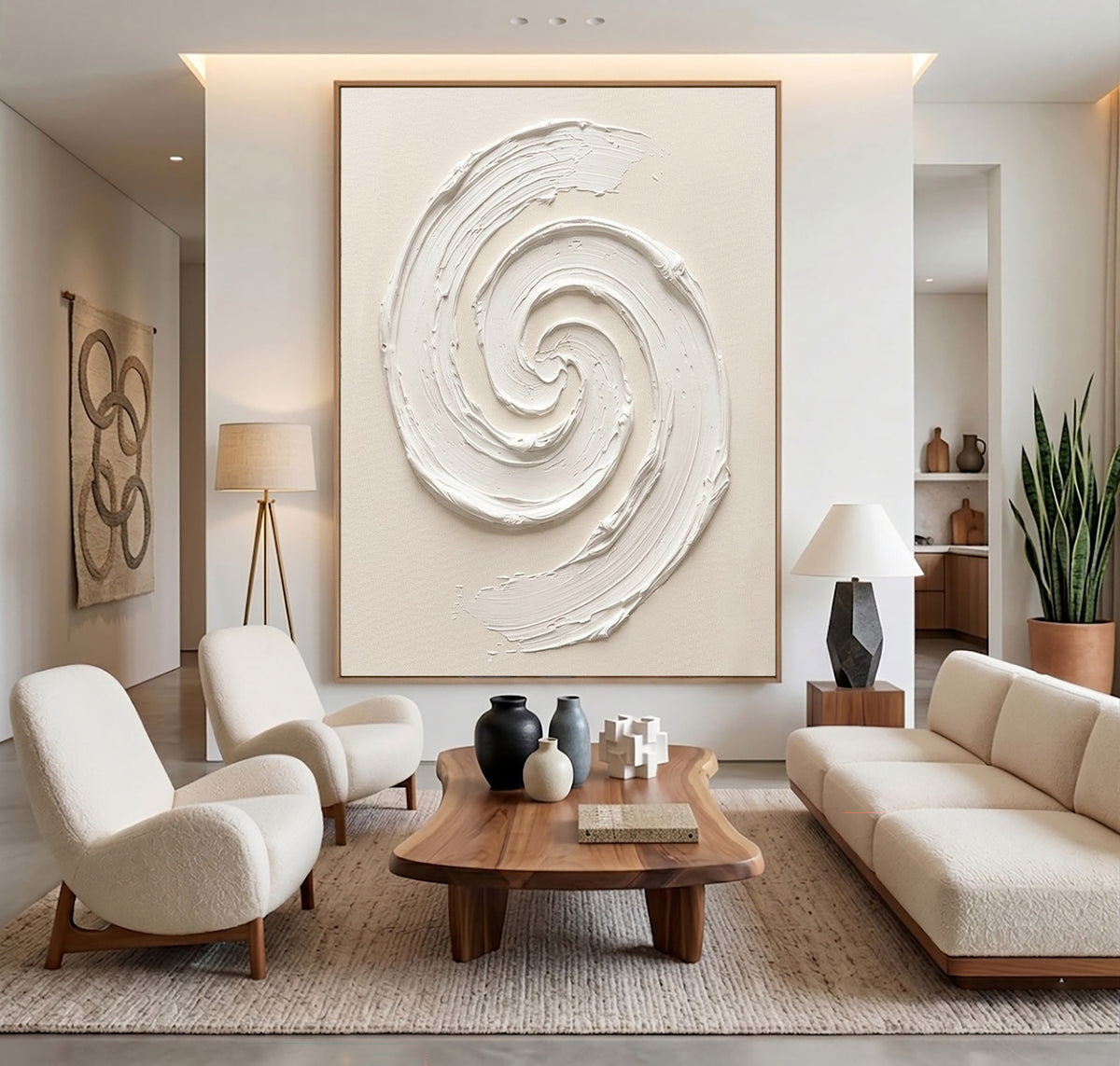 Sculptural White Spiral Textured Canvas Artwork Handmade Abstract Painting Modern Luxury Decor
